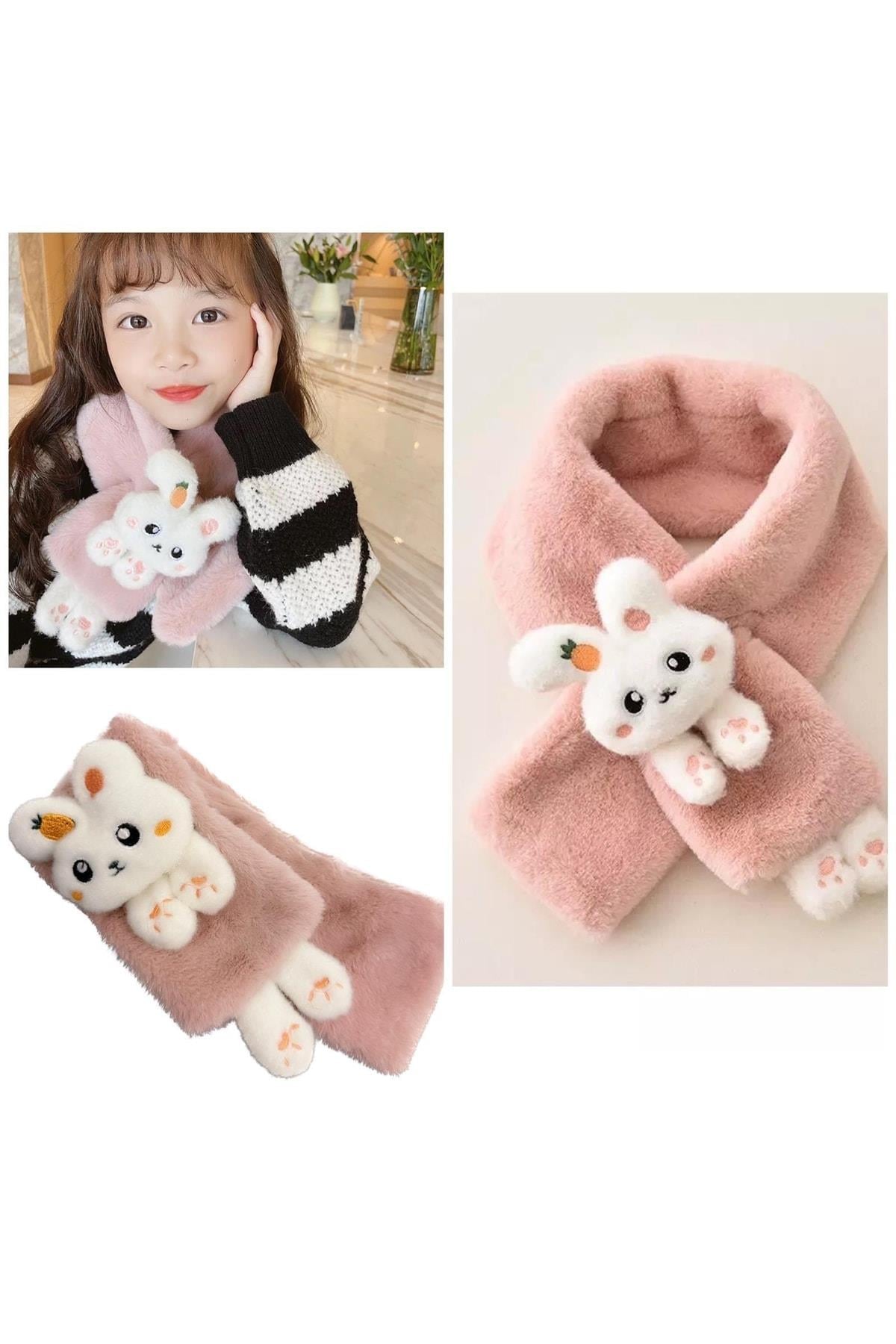 Yeni Moda Sevimli Oyuncak Tavşan 1-15 Yaş Çocuk Tüylü Peluş Kaşmir Atkı Boyunluk Koyu Pudra Pembe