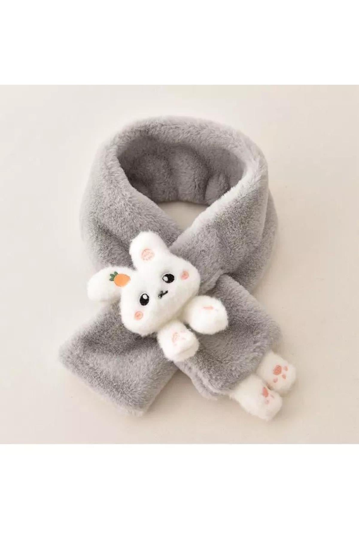 Yeni Moda Sevimli Oyuncak Tavşan Pofuduk 1-15 Yaş Çocuk Tüylü Peluş Kaşmir Atkı Boyunluk Gri