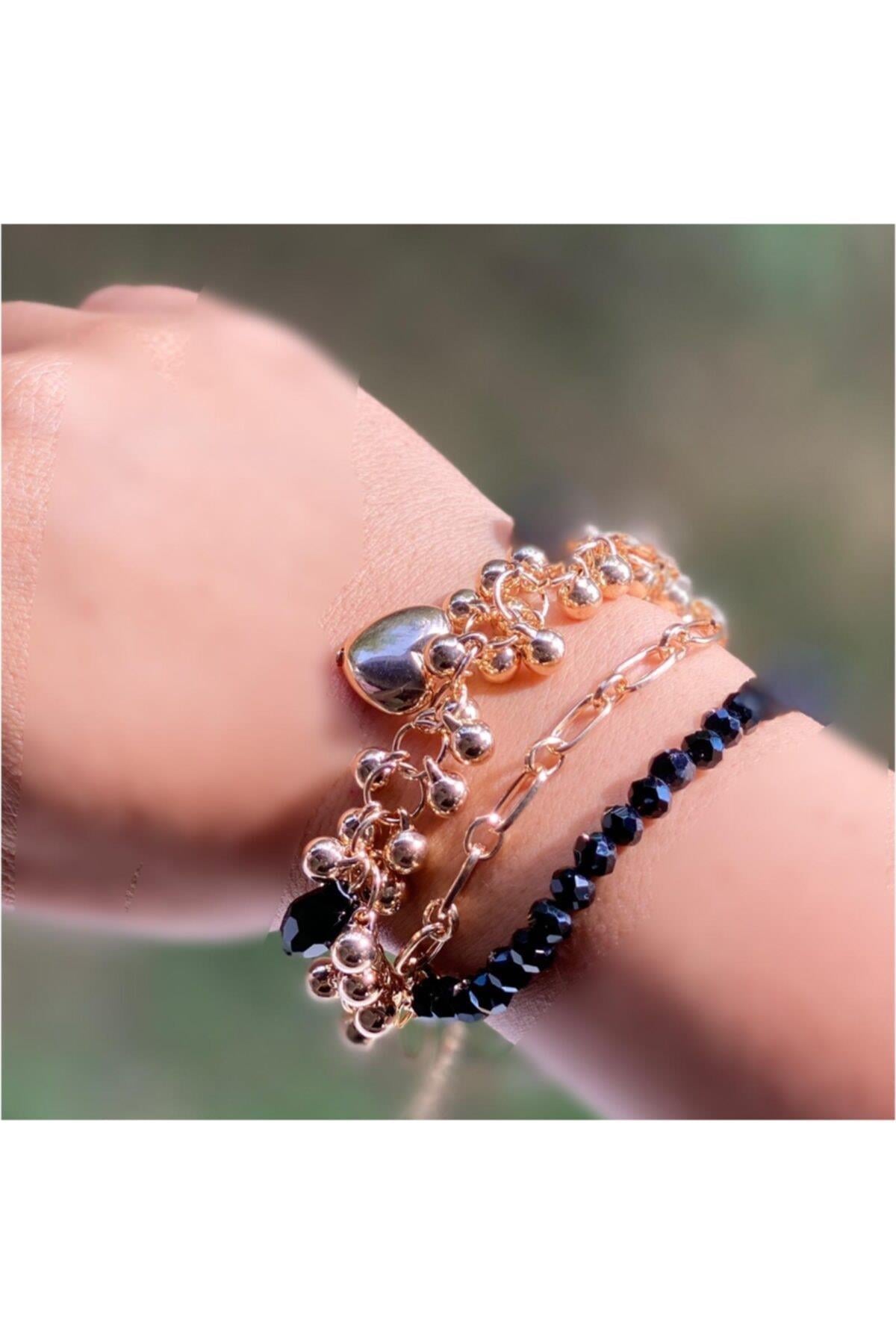 Yeni Moda Trend 3 Lü Gold Altın Inci Kristal Taşlı Bileklik Kalpli Siyah