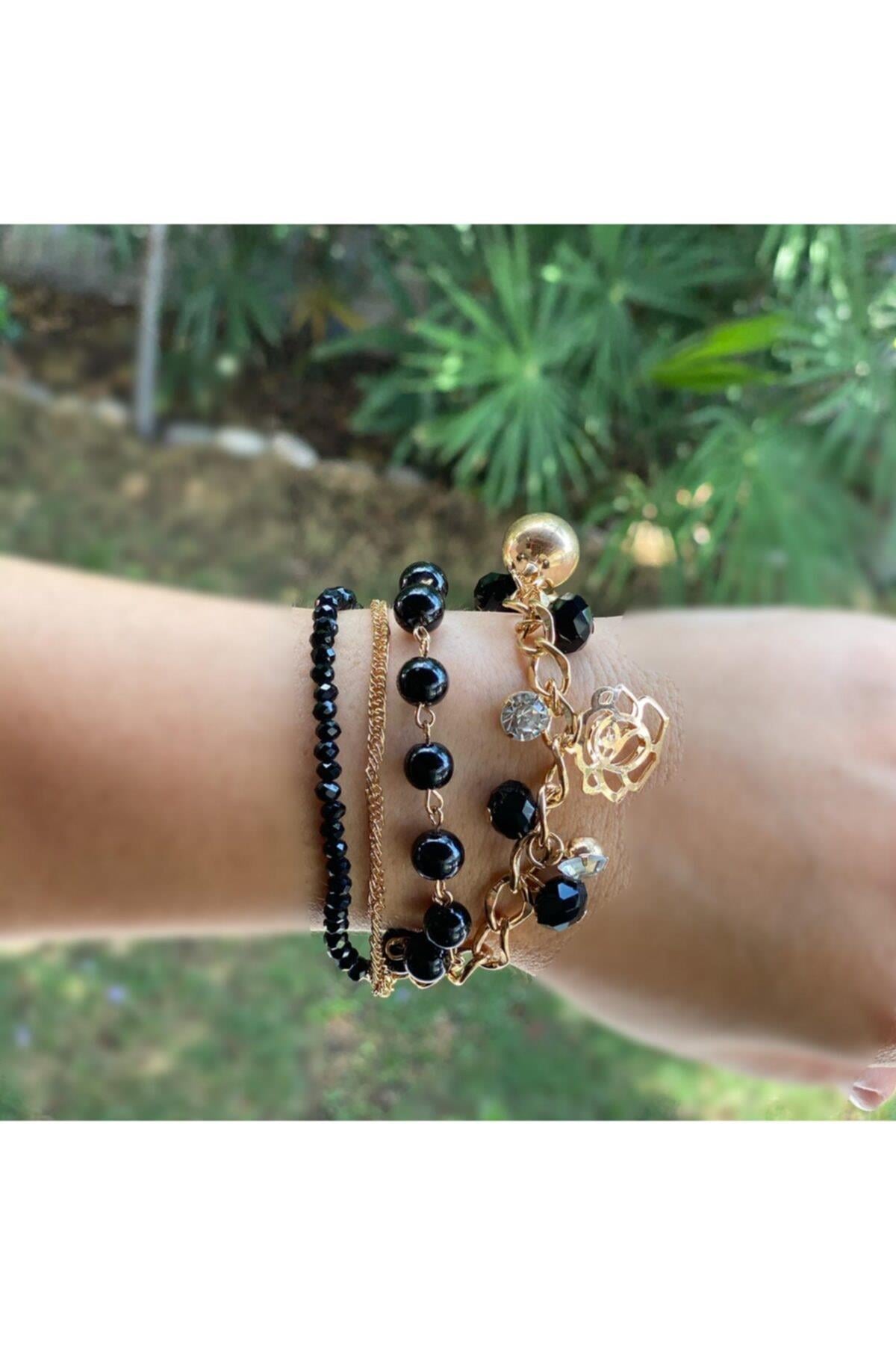 Yeni Moda Trend 3 Lü Gold Altın Inci Zincir Kristal Taşlı Bileklik Gül Siyah