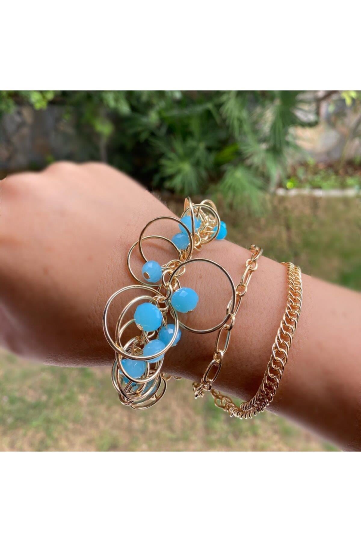 Yeni Moda Trend 3 Lü Gold Altın Inci Zincir Kristal Taşlı Bileklik Halka Turkuvaz Mavi