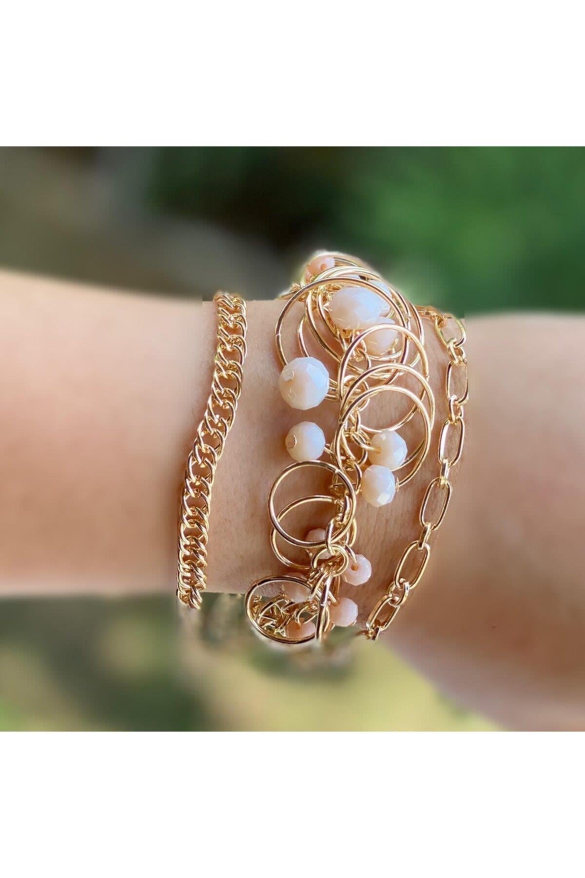 Yeni Moda Trend 3 Lü Gold Altın Inci Zincir Kristal Taşlı Bileklik Halka Sarkıt Pudra Pembe