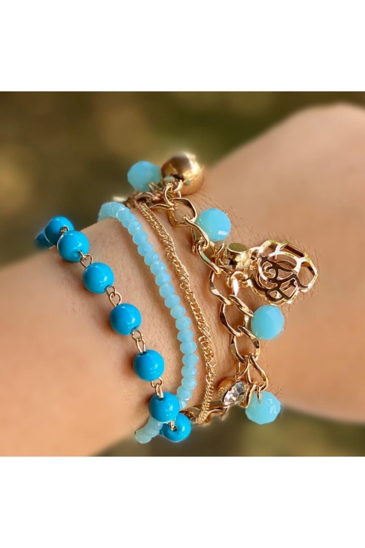 Yeni Moda Trend 3 Lü Gold Altın Inci Zincir Kristal Taşlı Bileklik Gül Turkuvaz Mavi