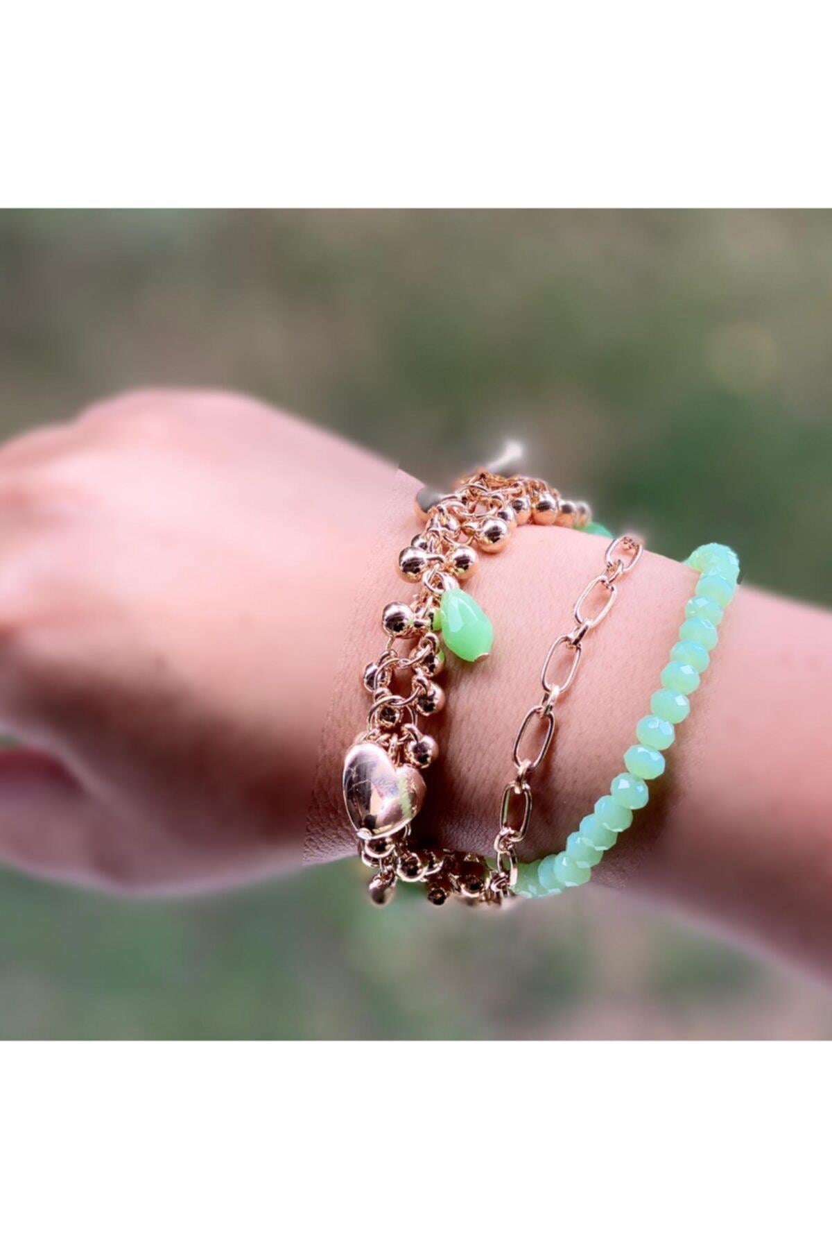 Yeni Moda Trend 3 Lü Gold Altın Inci Zincir Kristal Taşlı Bileklik Gül Turkuvaz Mavi