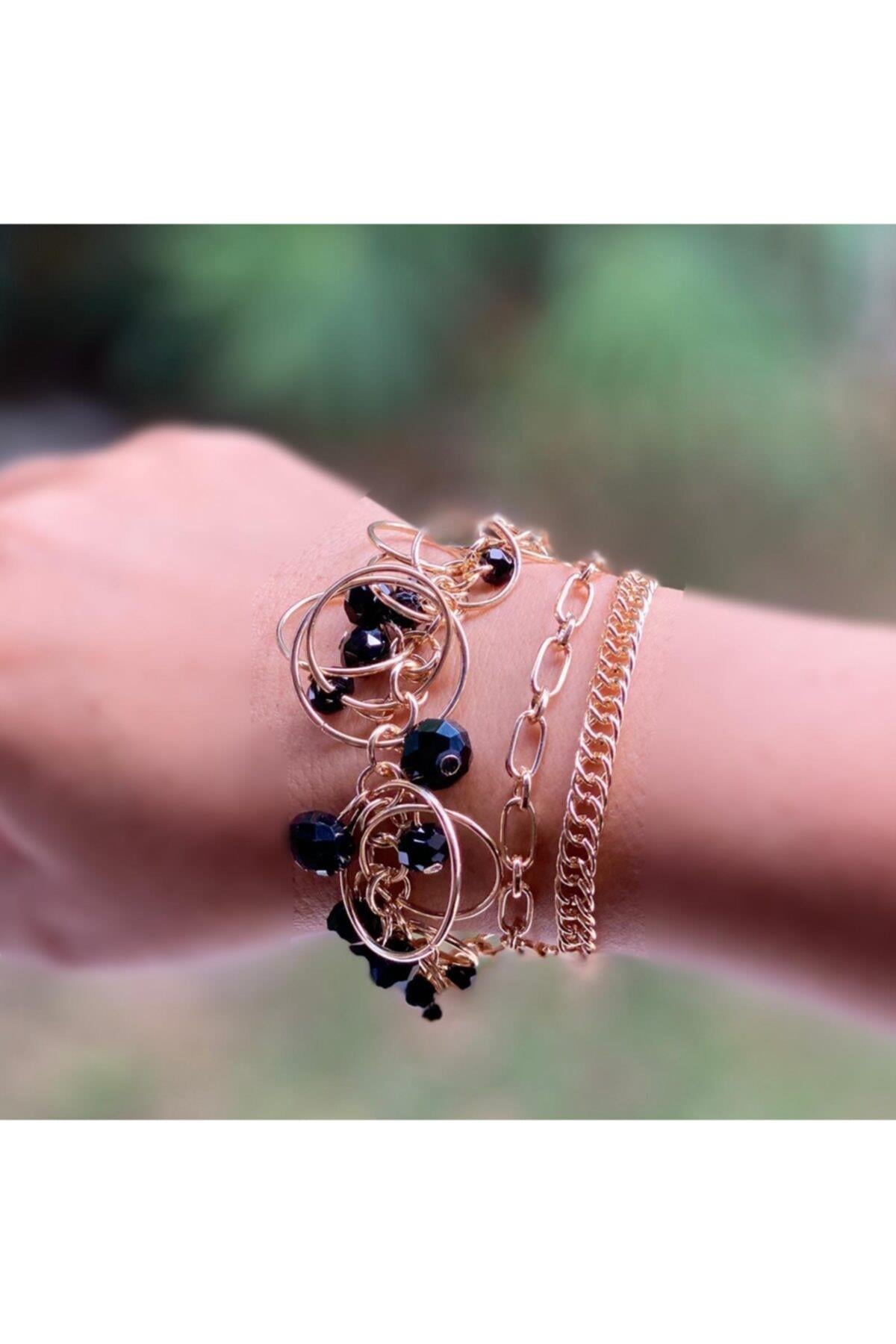 Yeni Moda Trend 3 Lü Gold Altın Inci Zincir Kristal Taşlı Bileklik Halka Siyah