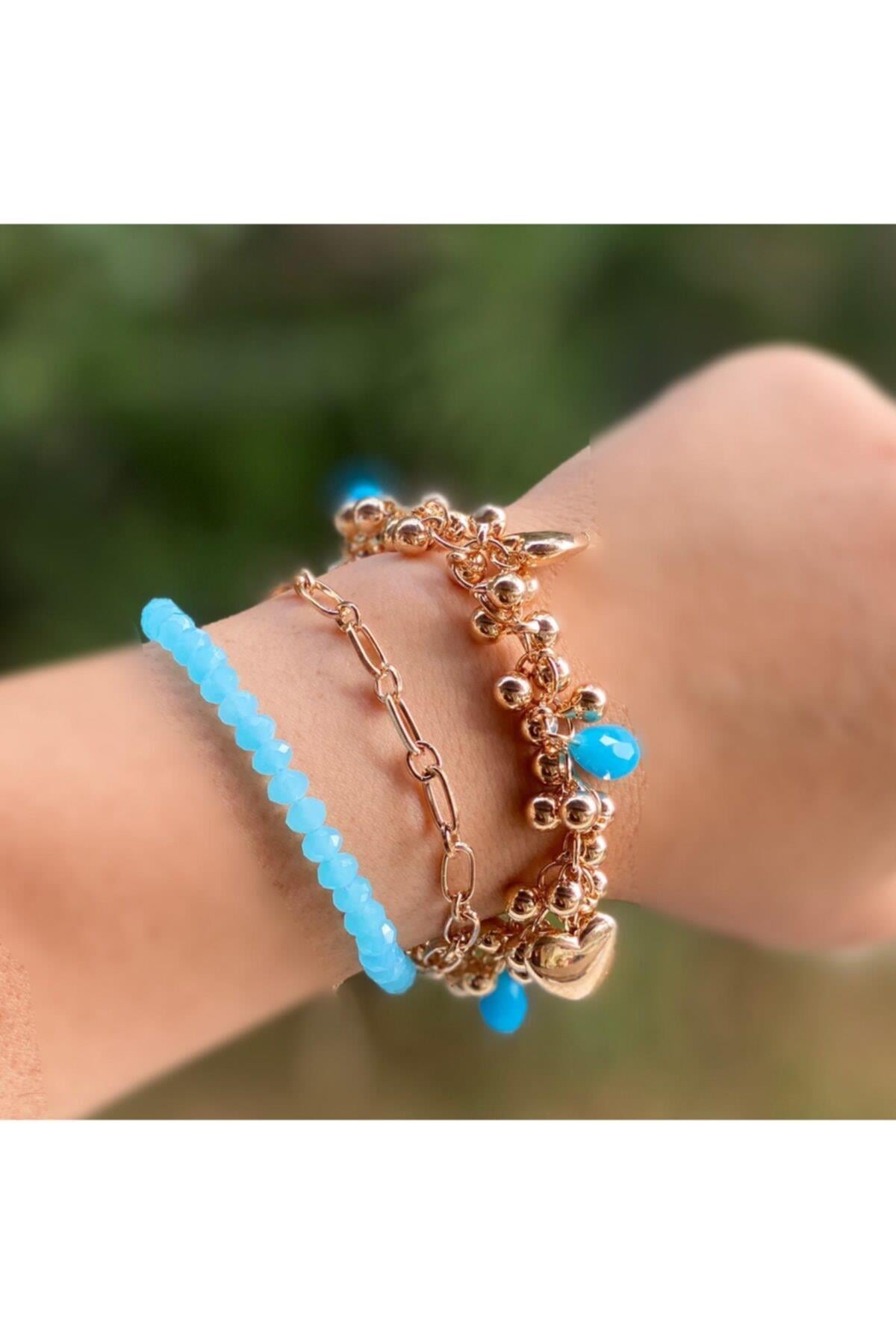 Yeni Moda Trend 3 Lü Gold Altın Inci Zincir Kristal Taşlı Bileklik Kalpli Turkuvaz Mavi
