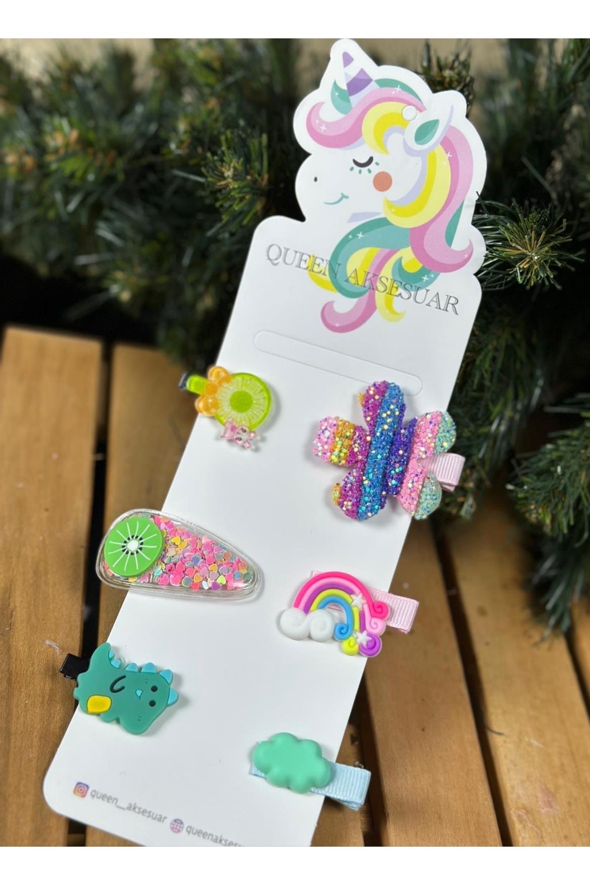 Yeni Moda Trend Bebek Çocuk Çıtçıtlı Pensli Toka Seti 6lı Pullu Gökkuşağı Lolipop Dondurma