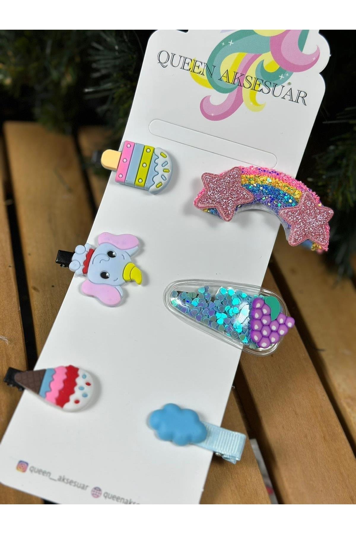 Yeni Moda Trend Bebek Çocuk Çıtçıtlı Toka Seti 6lı Pullu Gökkuşağı Yıldız Lolipop Dondurma