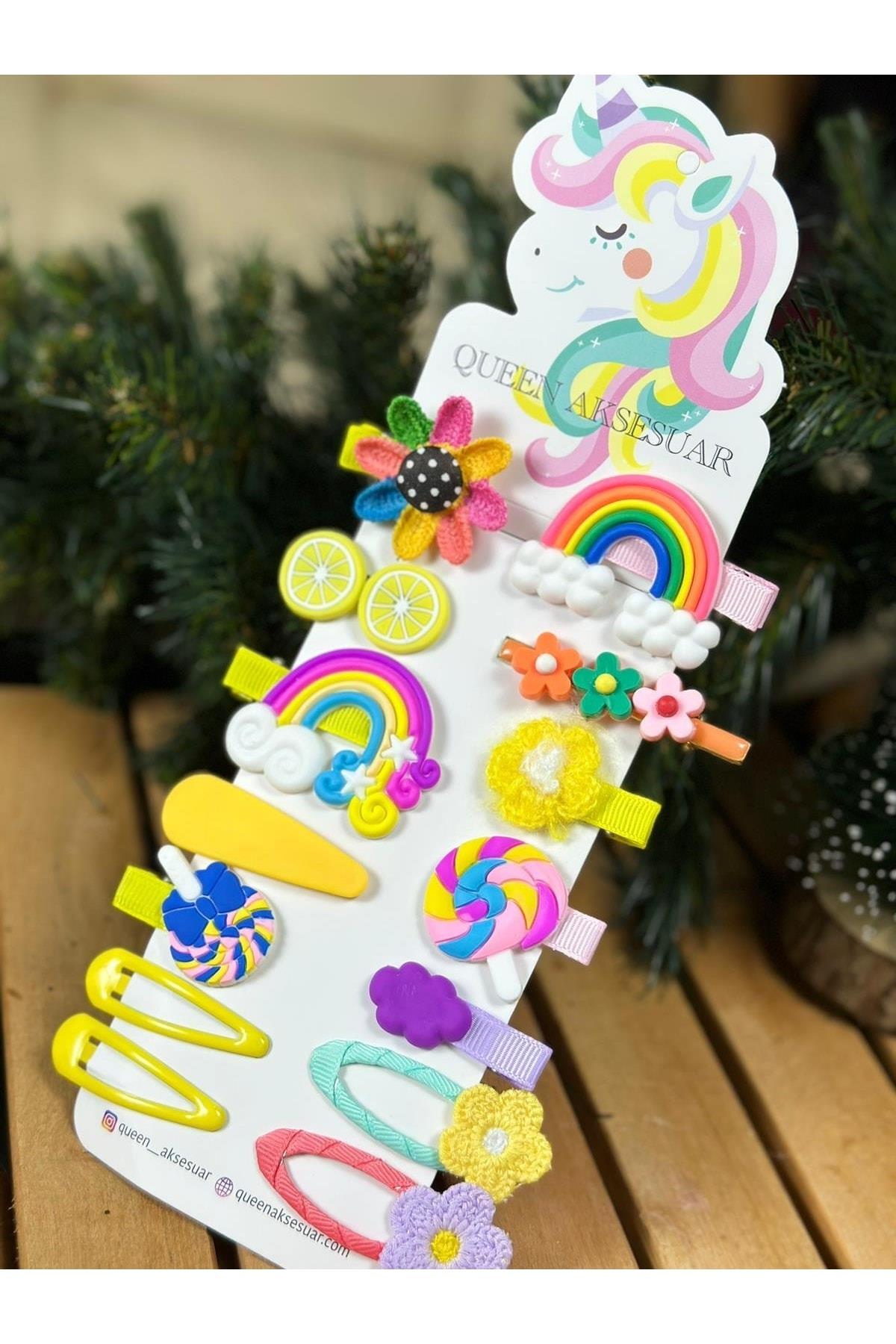 Yeni Moda Trend Mini Bebek Çocuk Pensli Toka Seti 14 Adet Lolipop Çiçek Gökkuşağı