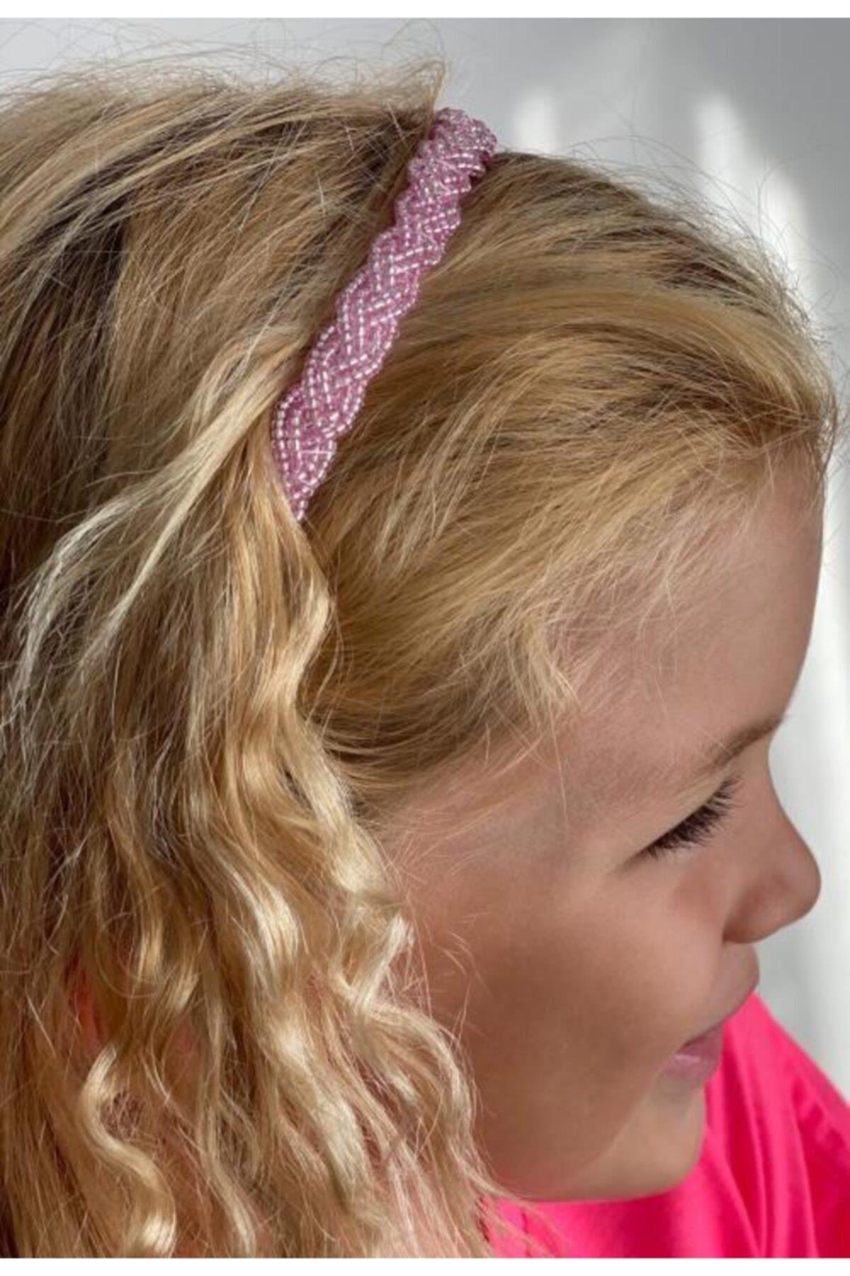 Yeni Moda Trend Parlak Taş Boncuklu Örgü Taç Anne Çocuk Pudra Pembe