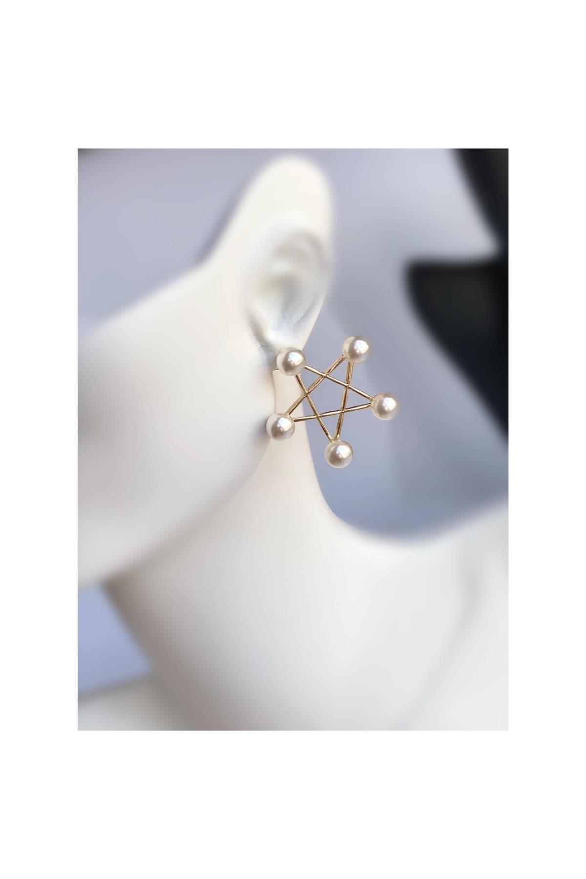 Yeni Trend Lüks Zara Model Incili Yıldız Çelik Küpe Gold Altın