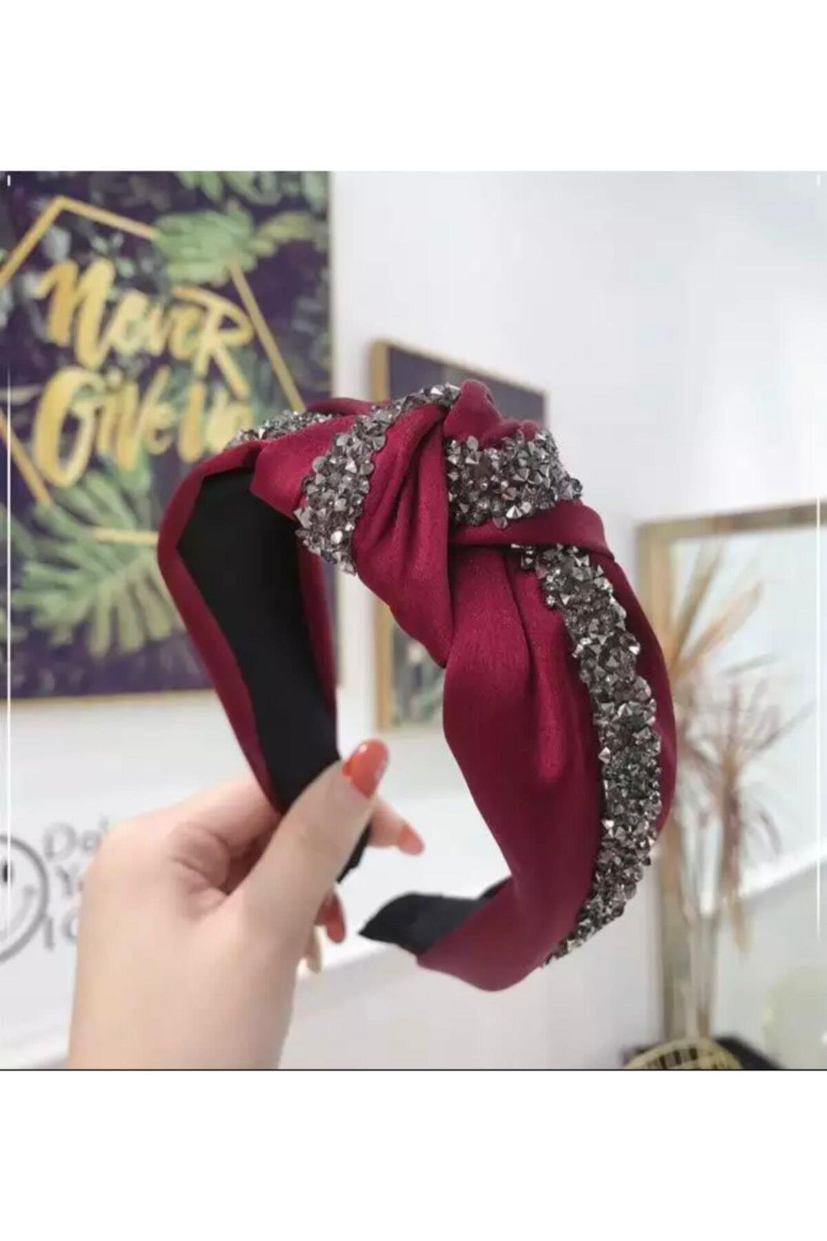Yeni Trend Moda Kristal Taşlı Şeritli Vişne Bordo Kırmızı Saten Taç