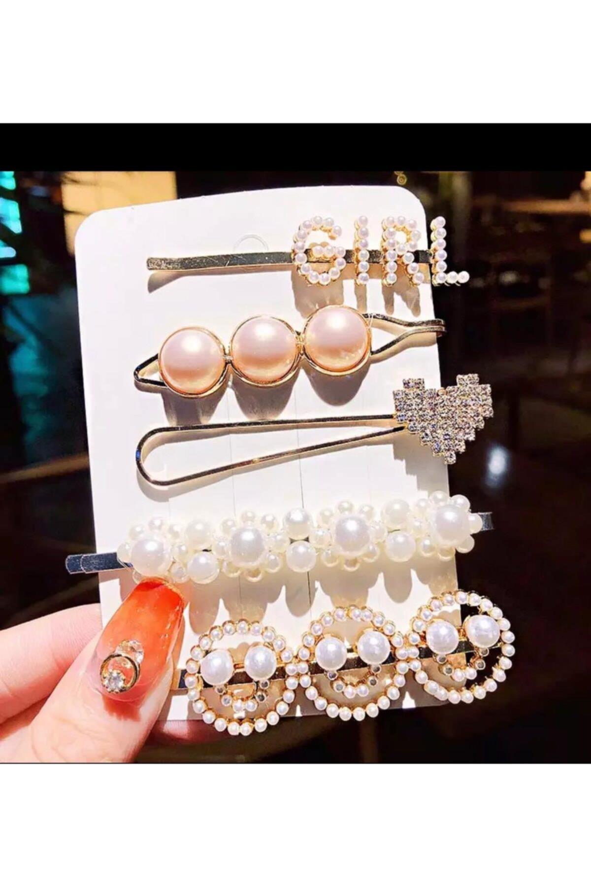 Yeni Trend Moda Lüks Inci Taşlı Kalp Girl Yan Toka Seti 5li