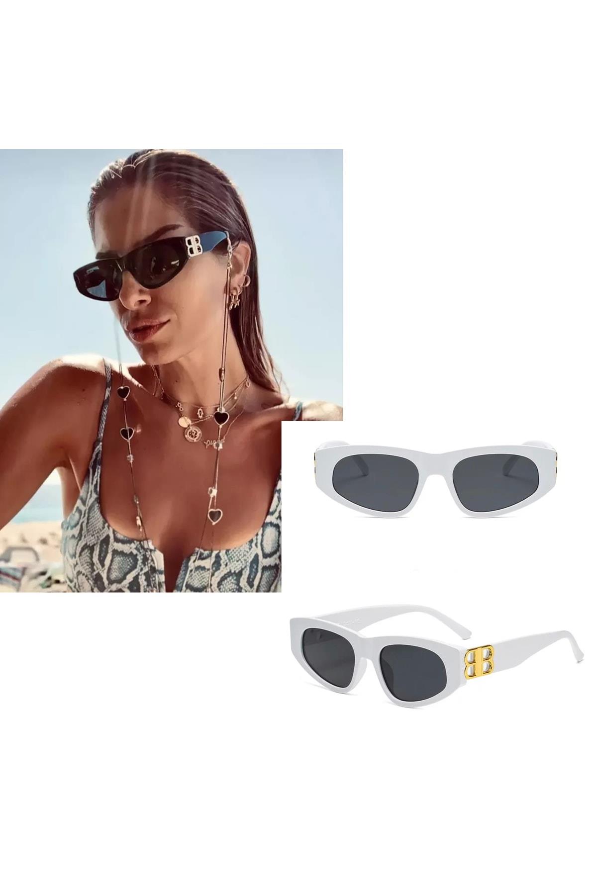 Yeni Trend Moda Lüks Ithal Kadın Güneş Gözlüğü Beyaz Gold Logolu