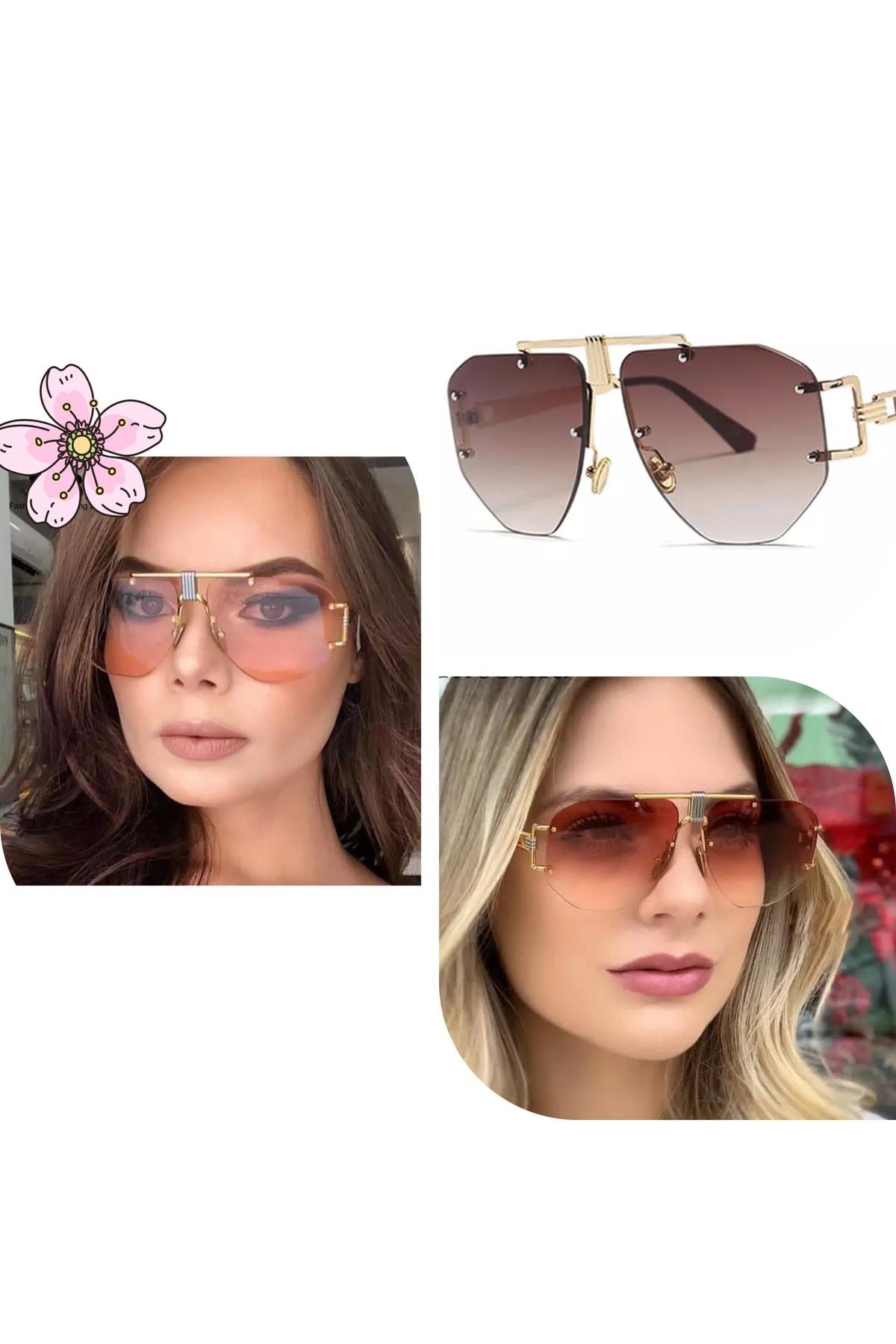 Yeni Trend Moda Lüks Ithal Kadın Güneş Gözlüğü Bronz Bakır Kahve Gold Metal