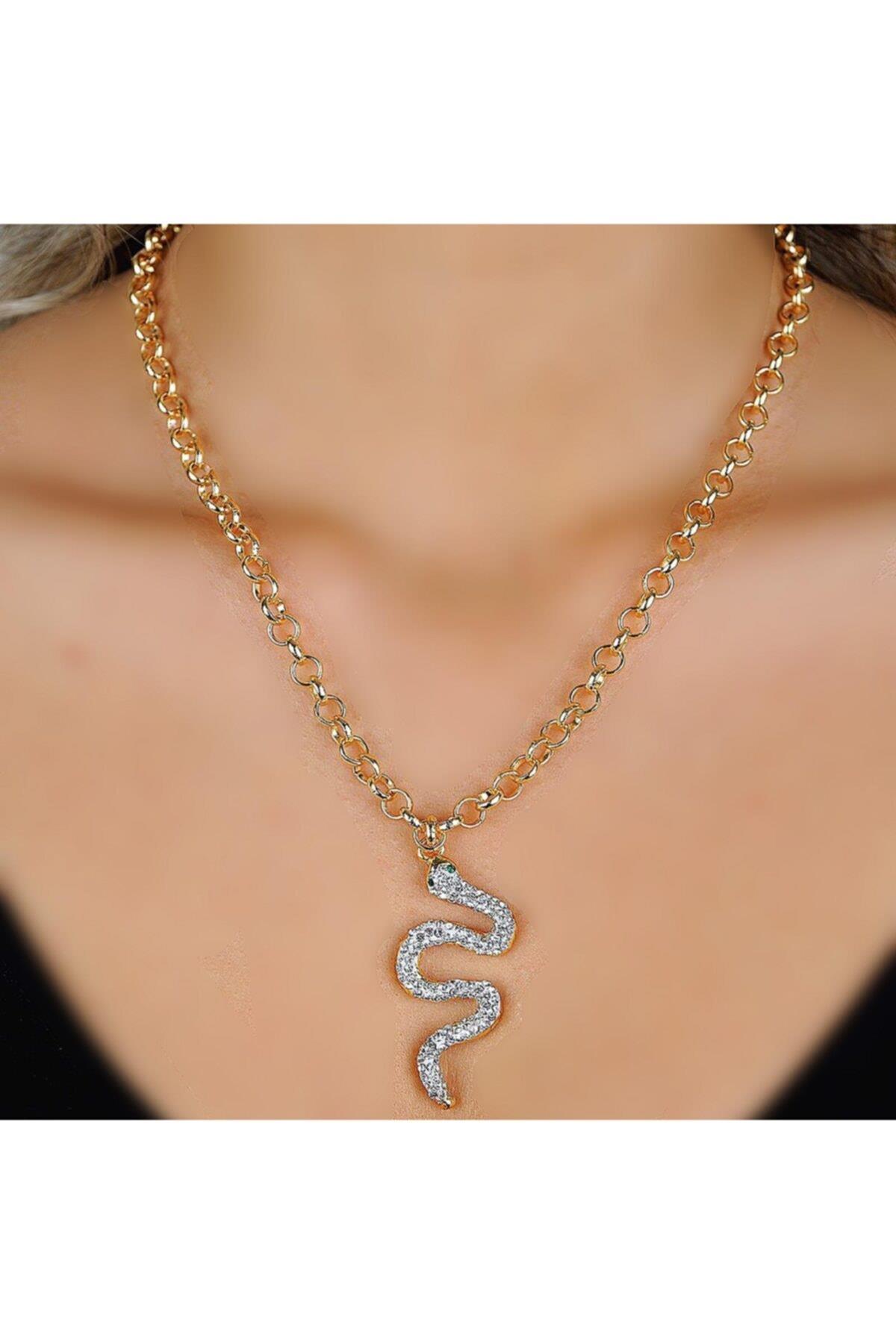 Yeni Trend Moda Lüks Kalın Halka Zincir Kristal Taşlı Büyük Yılan Kolye