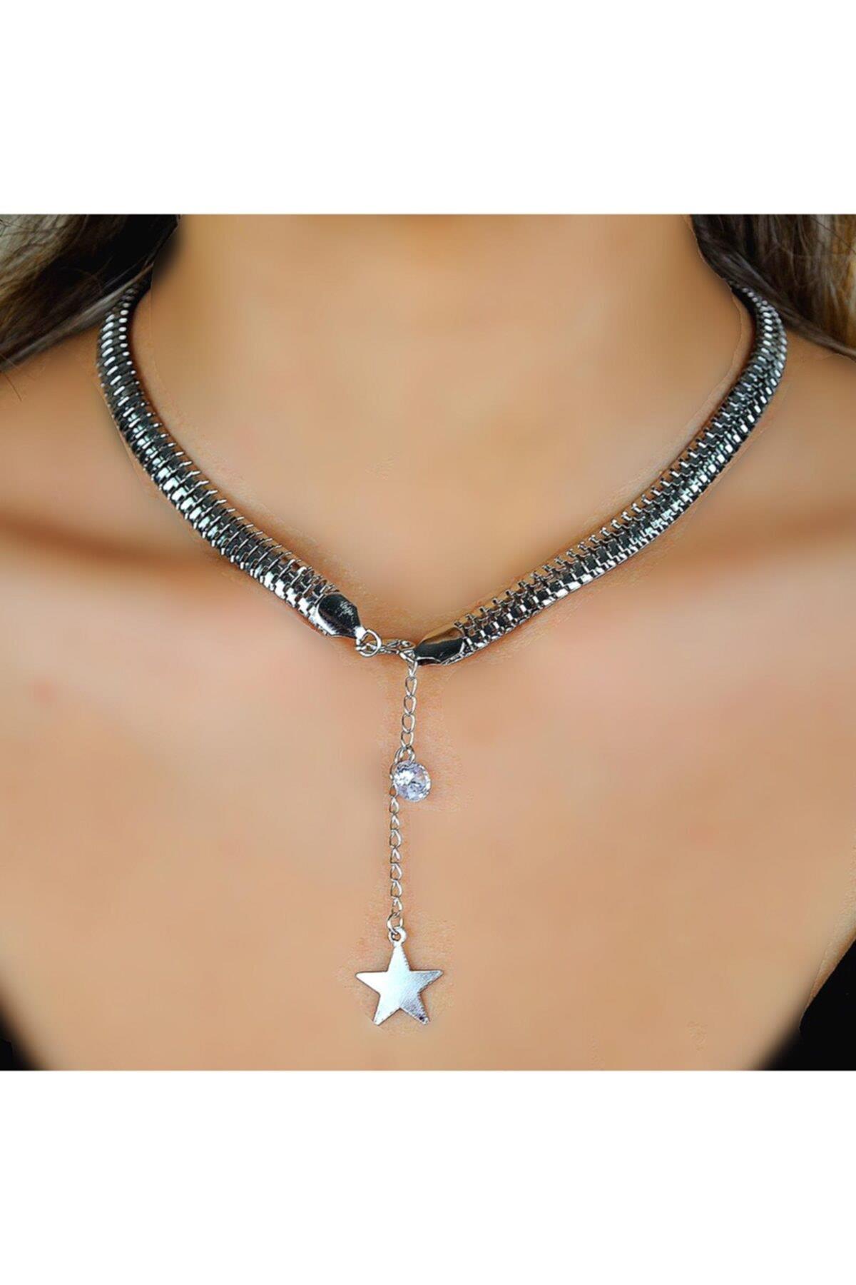 Yeni Trend Moda Lüks Kalın Yılan Derisi Zincir Kristal Tek Taş Yıldız Sarkıt Kolye Gümüş Renk