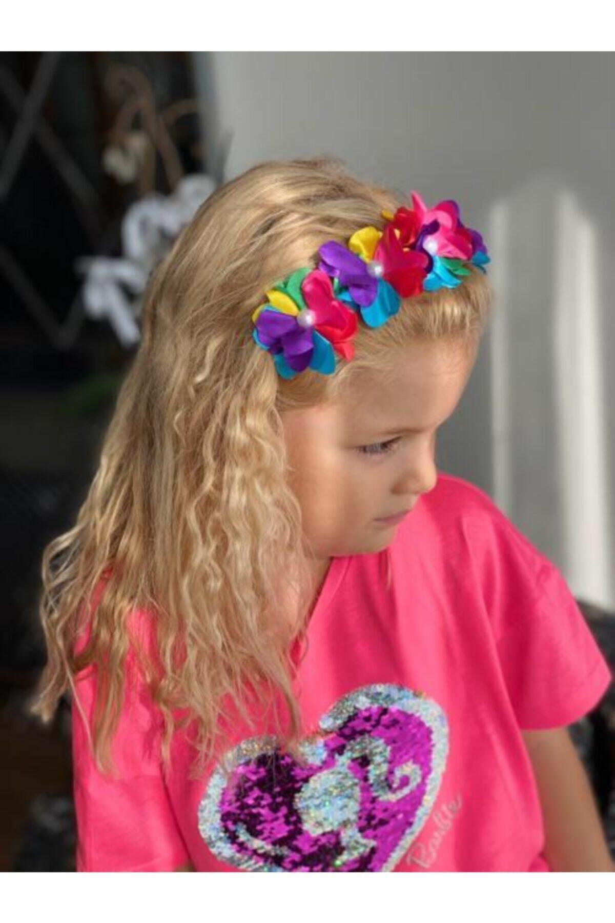 Yeni Trend Moda Saten Inci Çiçekli Anne Kız Çocuk Renkli Unicorn Gökkuşağı Taç