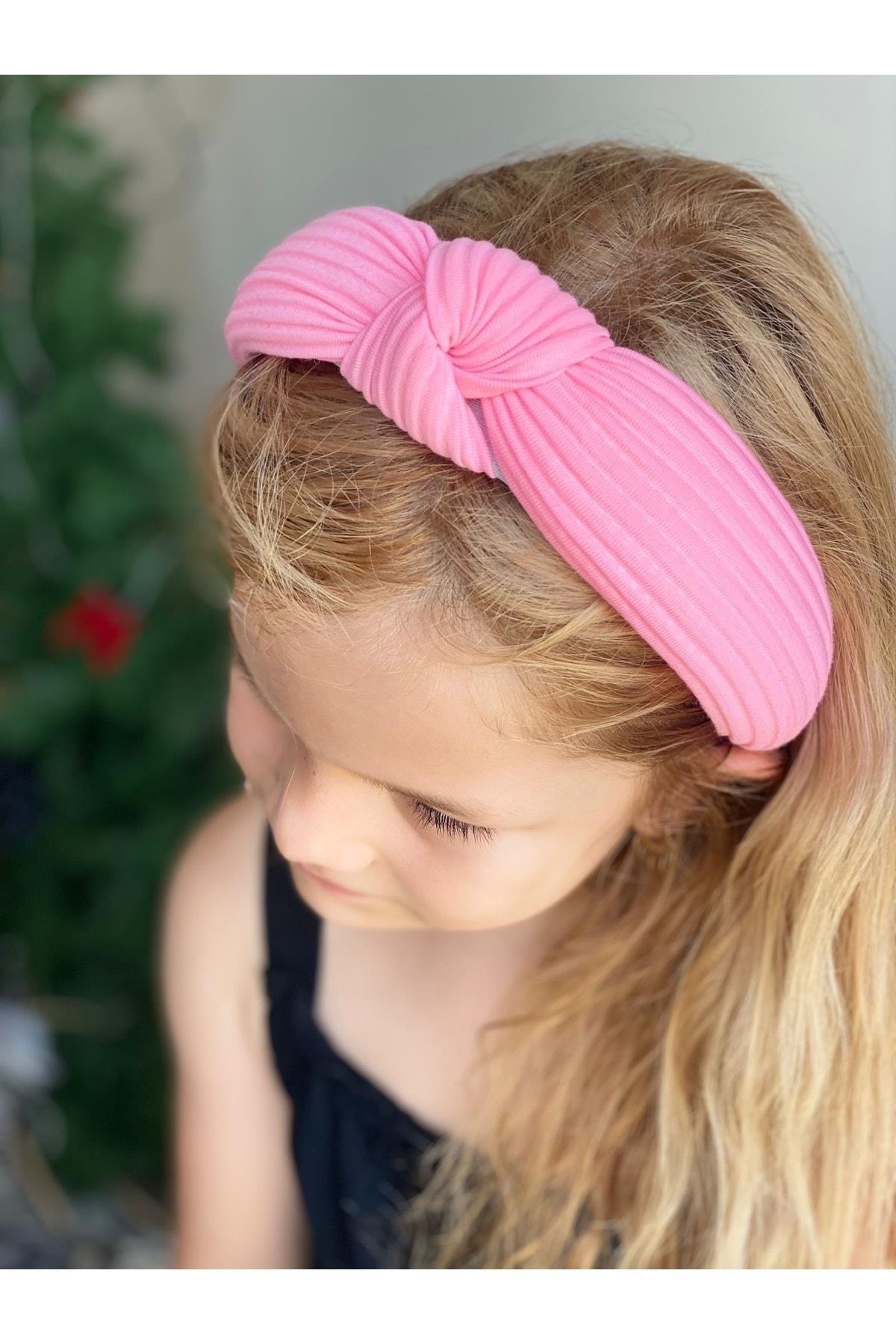 Yeni Trend Süngerli Düğümlü Taç Kadın Çocuk Tacı Çizgili Neon Şeker Pembe