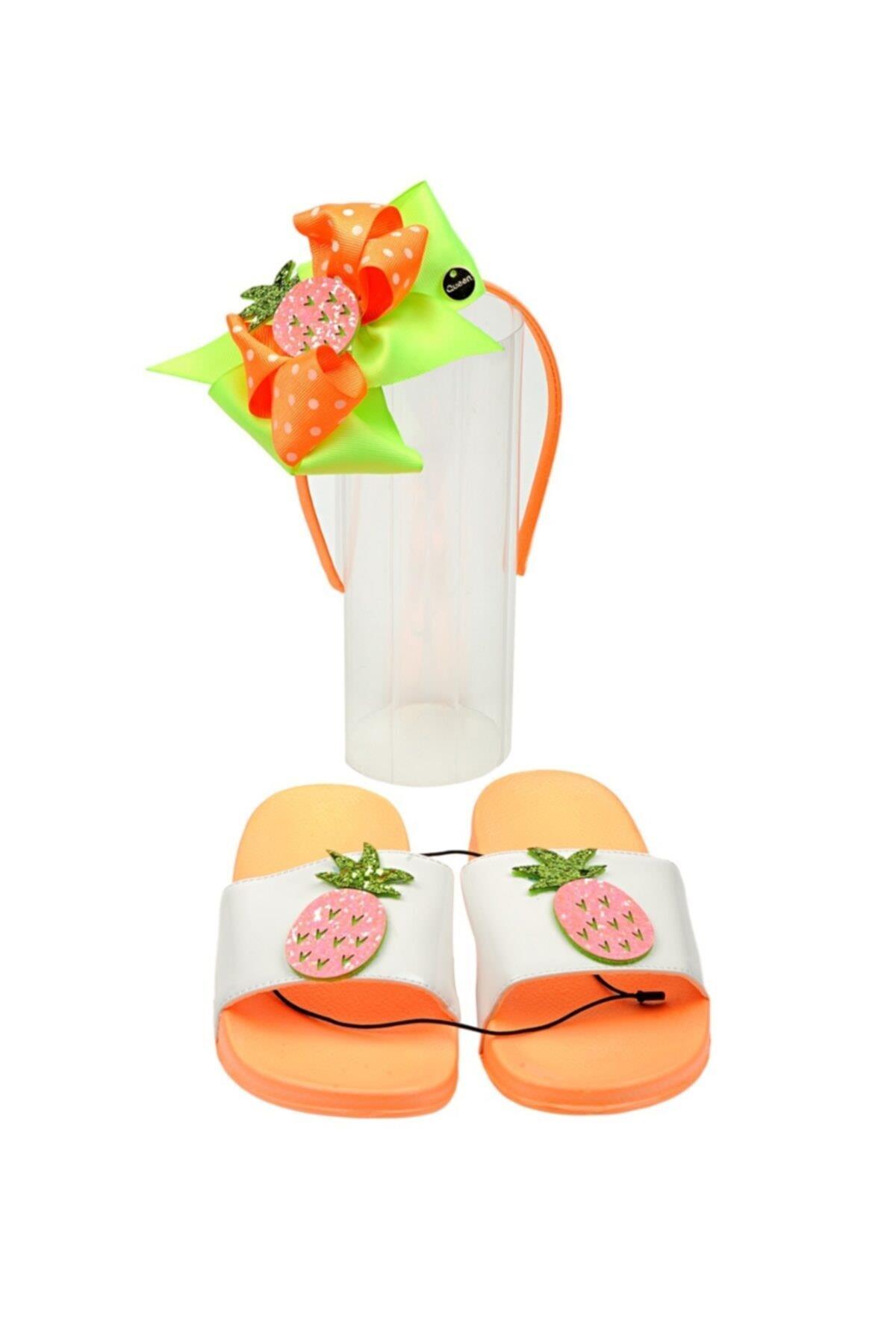 Yeni Yaz Sezonu Lüks Özel Tasarım Simli Pullu Ananas Terlik Çocuk Tacı Set Fiyonk Taç