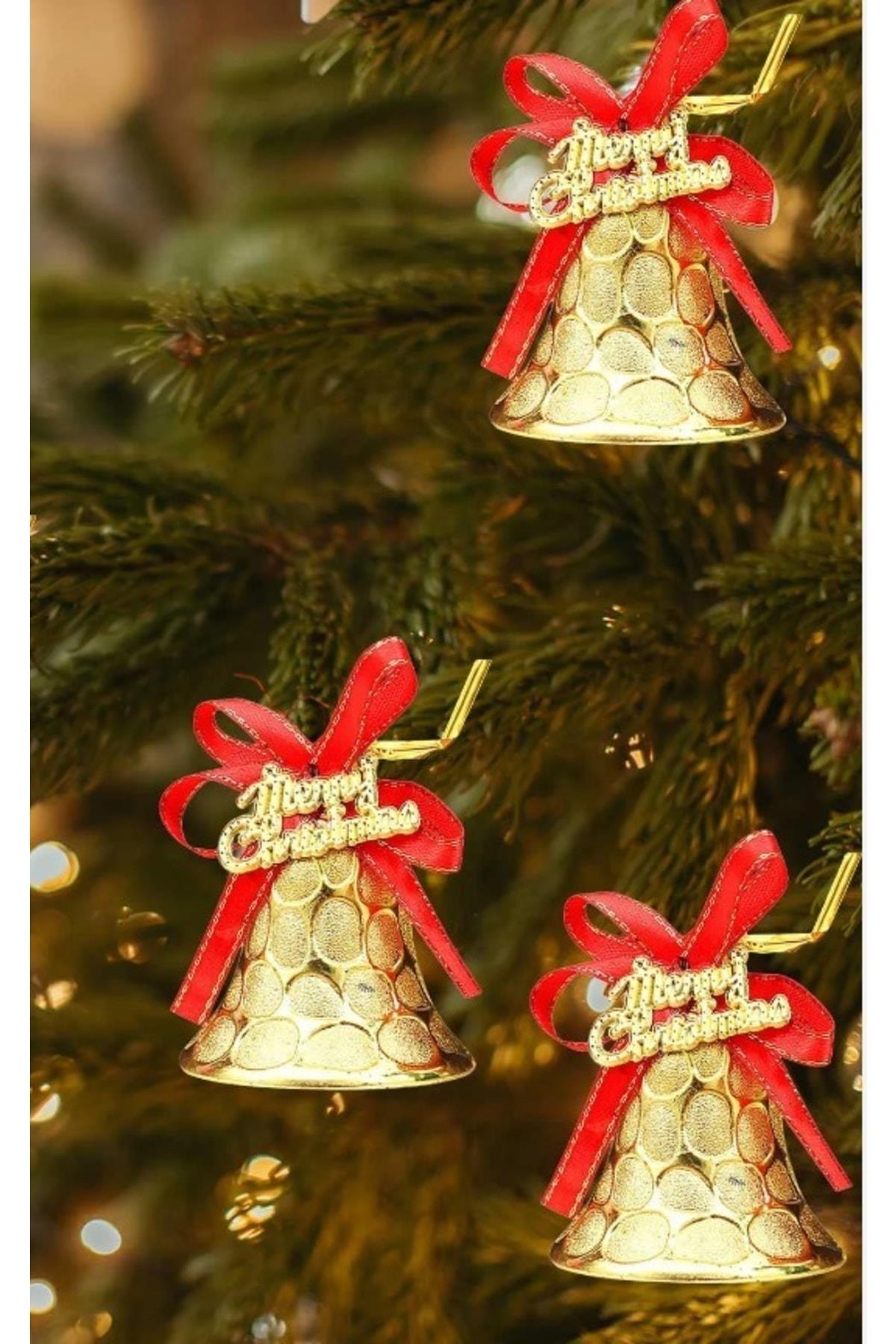 Yeni Yıl Yılbaş Ithal 6lı Merry Christmas Yazılı Çam Ağacı Dekorasyon Süs Çan Zil Gold Altın