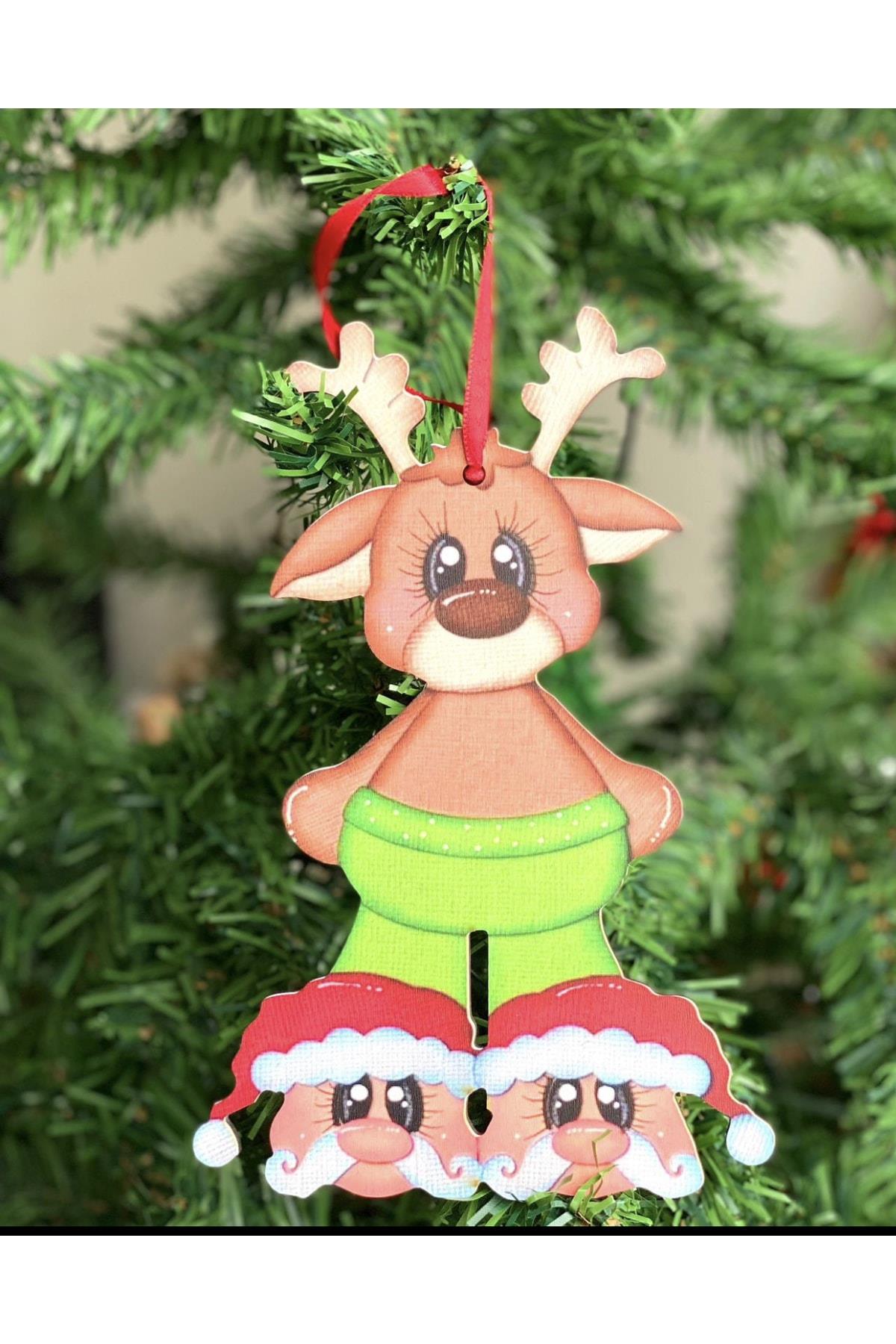 Yeni Yıl Yılbaşı Ahşap Büyük Noel Baba Geyiği Geyikli Dekorasyon Duvar Çam Ağacı Ağaç Süs