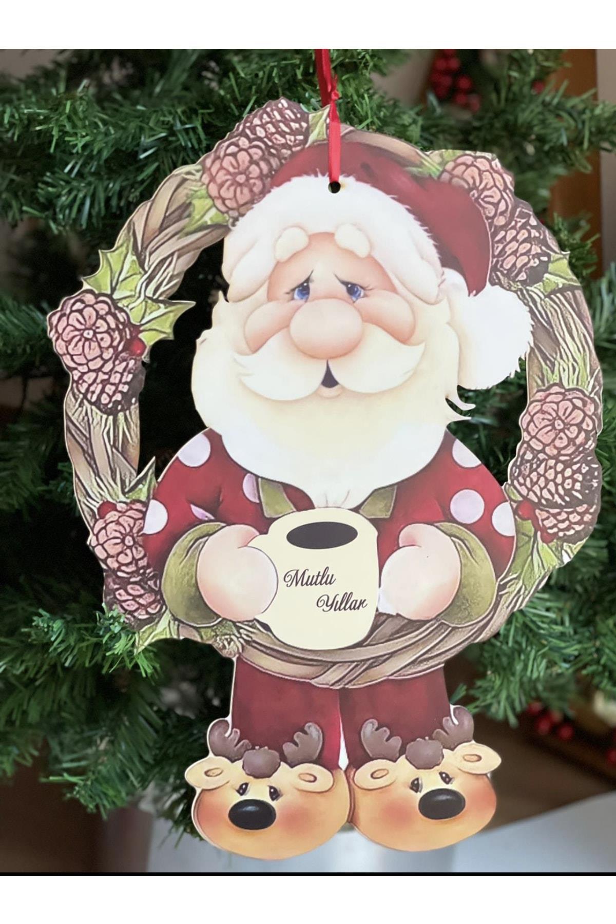 Yeni Yıl Yılbaşı Ahşap Büyük Sevimli Noel Baba Çelenk Çam Ağacı Kapı Duvar Dekorasyon Süsü
