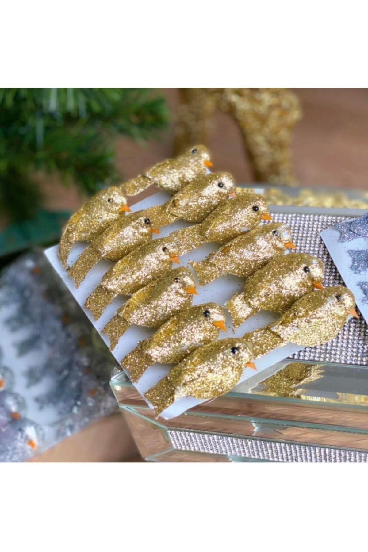 Yeni Yıl Yılbaşı Çam Ağacı Sofra Dekorasyon Süsü Gold Altın Simli 12 Li Mini Güvercin Kuş Seti