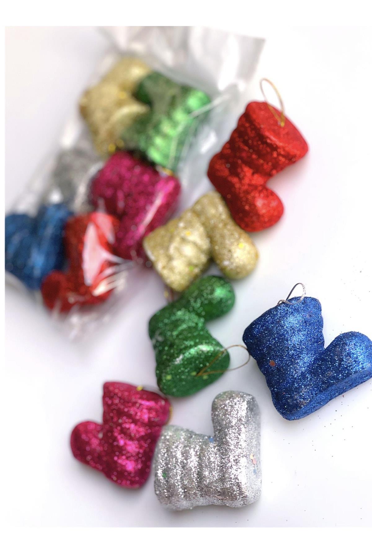 Yeni Yıl Yılbaşı Ithal Lüks Çam Ağacı Simli Noel Baba Ayakkabıları Papuç Süsü 6lı Set