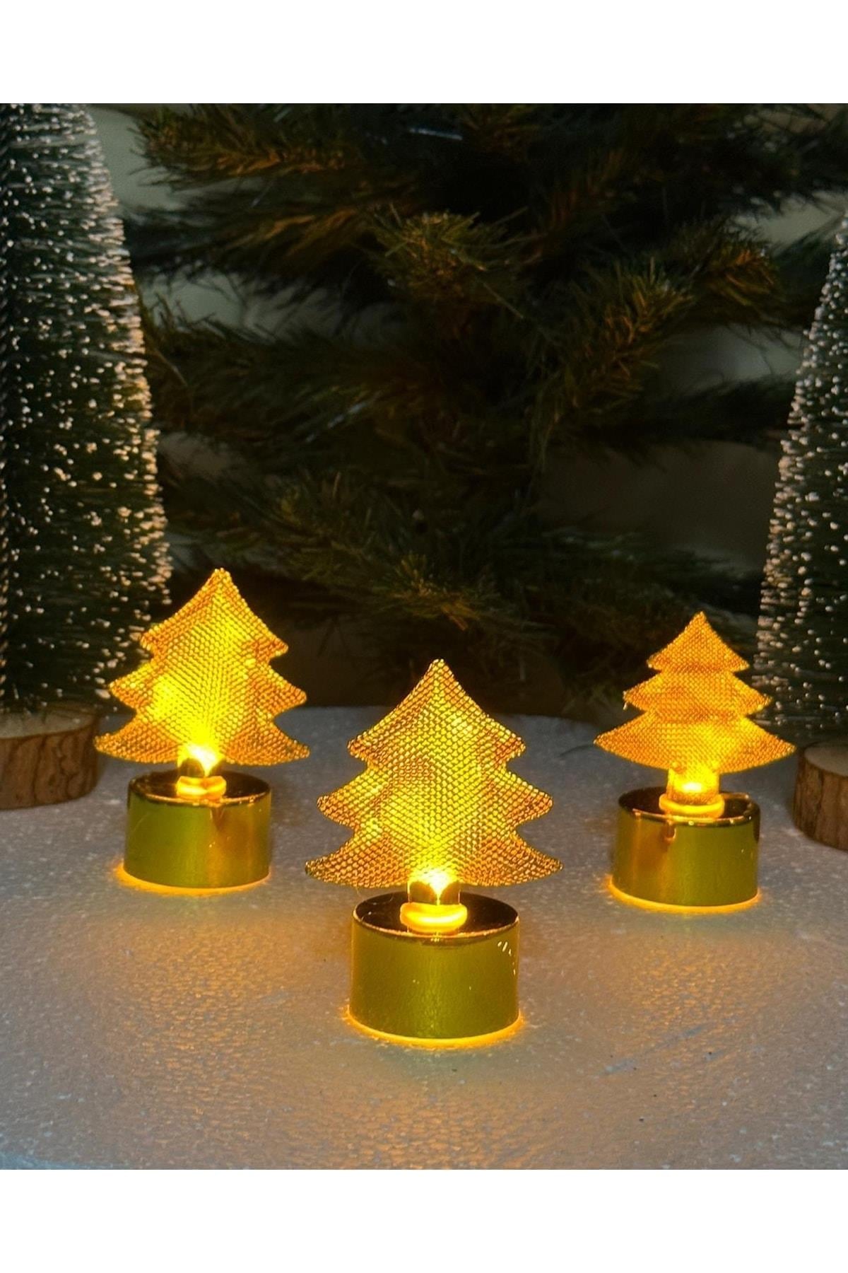 Yeni Yıl Yılbaşı Lüks Aynalı Gold Altın Metal Led Işıklı Çam Ağacı Lamba Pilli Ve Mum Dekor 3lü Set