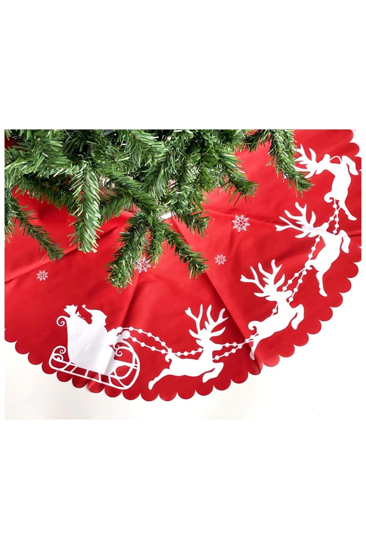 Yeni Yıl Yılbaşı Lüks Geyik Noel Baba Desen Kırmızı Çam Ağacı Eteği Örtüsü
