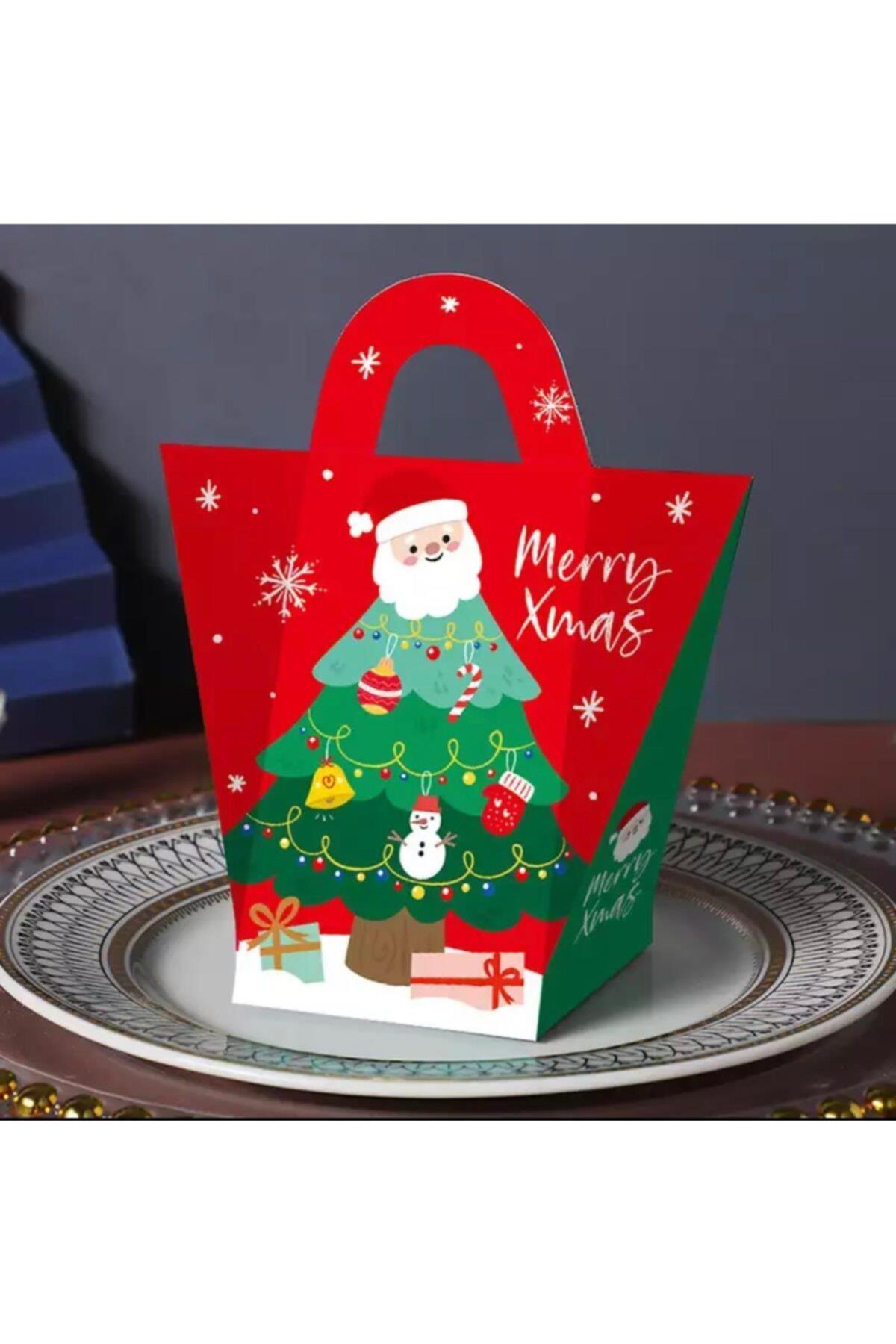 Yeni Yıl Yılbaşı Noel Baba Çam Ağacı Hediye Sunum Kurabiye Şeker Kutusu Karton Çanta Geyik Kırmızı