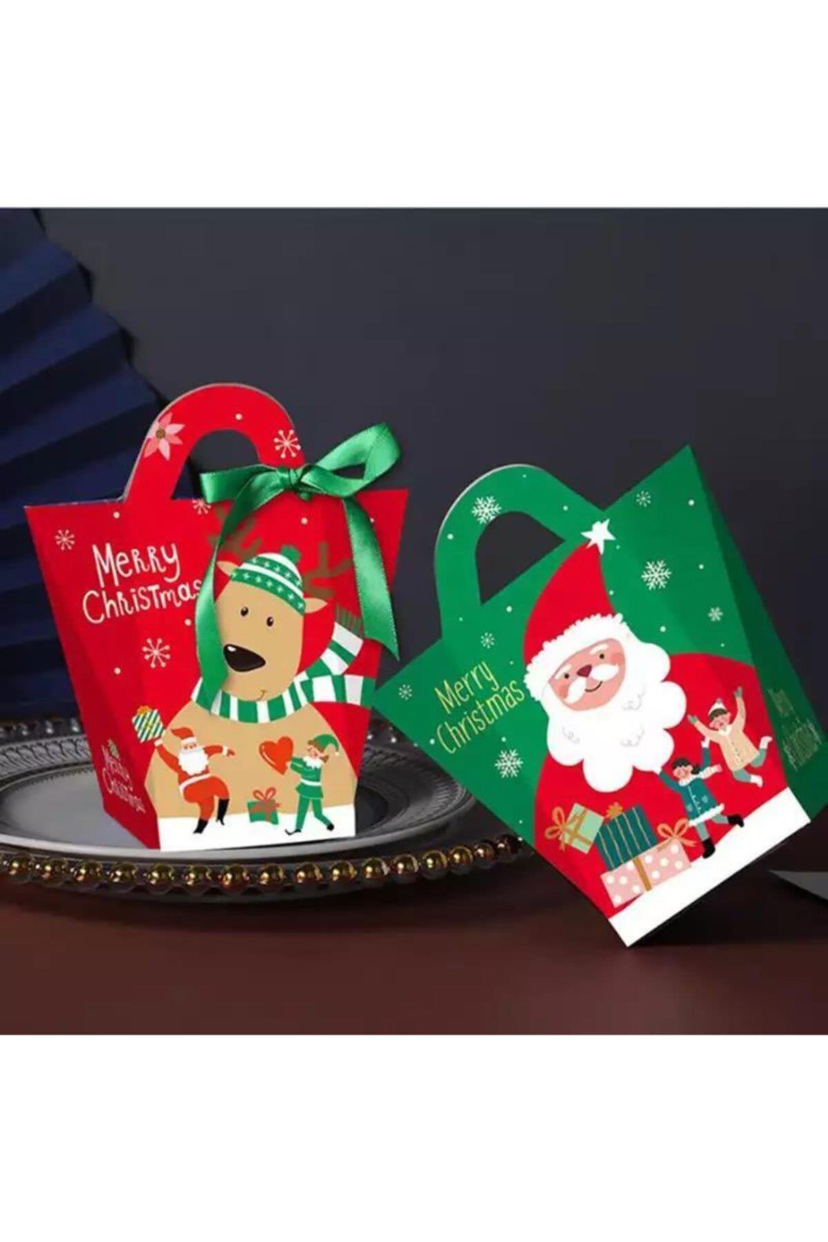 Yeni Yıl Yılbaşı Noel Geyiği Hediye Sunum Kurabiye Şeker Kutusu Karton Çanta Paket Geyik Kırmızı