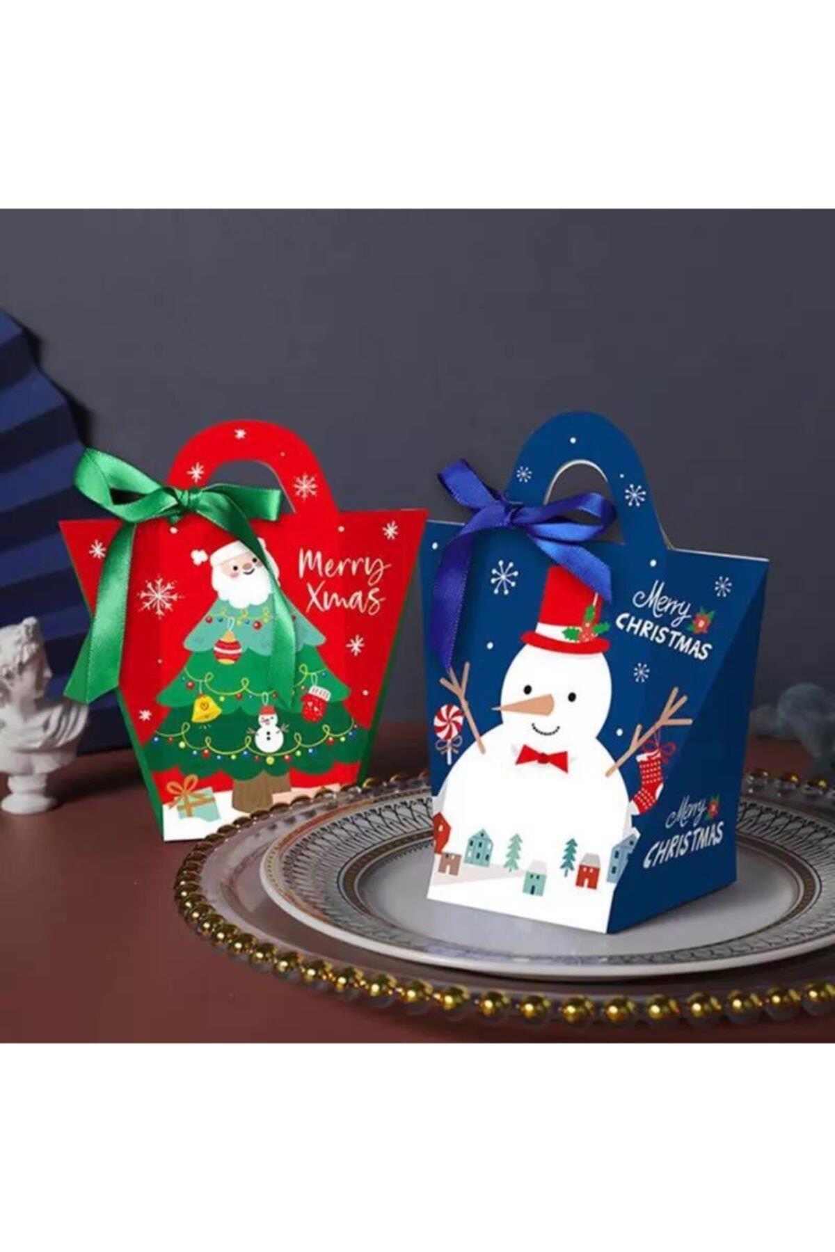 Yeni Yıl Yılbaşı Noel Hediye Sunum Kurabiye Şeker Kutusu Karton Çanta Paket Lacivert Kardan Adam