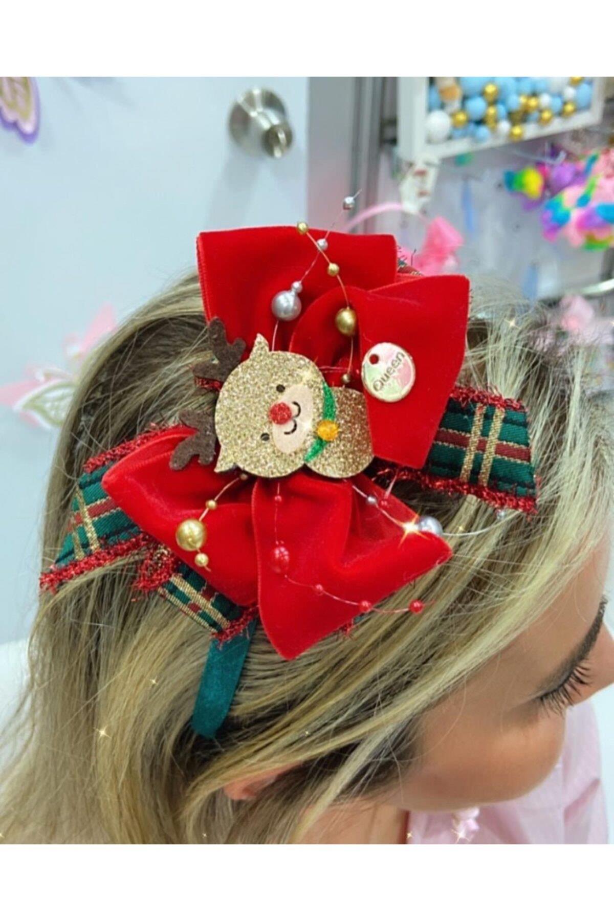 Yeni Yıl Yılbaşı Noel Lüks Geyikli Özel Tasarım Kadife Fiyonk Yetişkin Çocuk Tacı