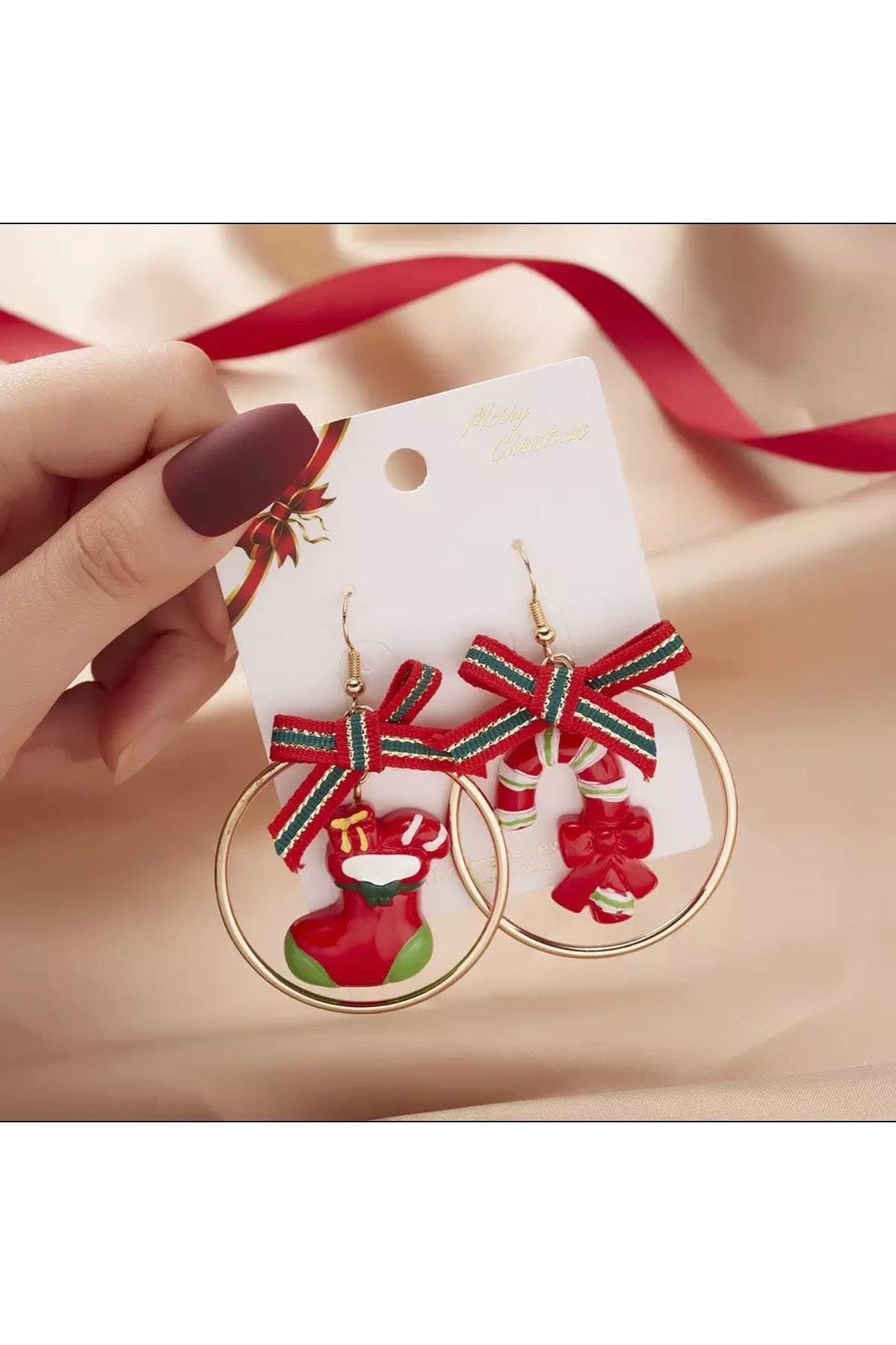 Yeni Yıl Yılbaşı Özel Çelik Altın Halka Kurdele Sevimli Noel Çorap Şeker Fiyonklu Küpe