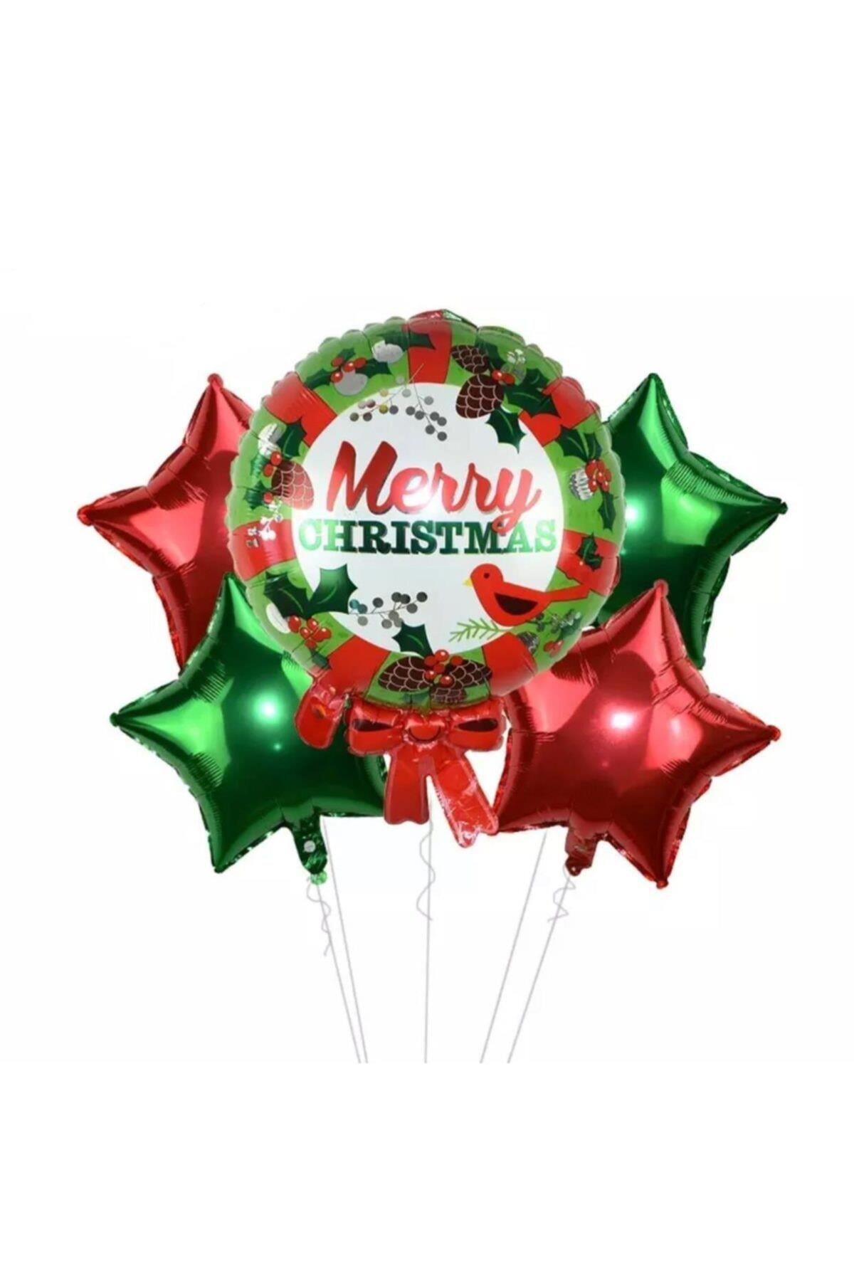 Yeni Yıl Yılbaşı Özel Dev Fiyonklu 5 Parça Merry Christmas Mutlu Yıllar Balon Seti Yıldız Çam Kuşlu