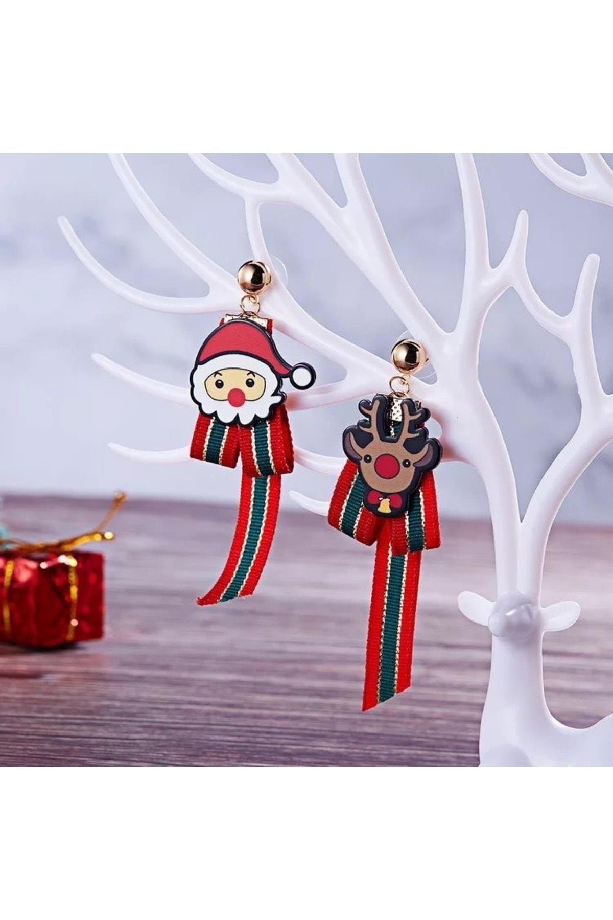 Yeni Yıl Yılbaşı Özel Gümüş Sarkıt Kurdele Sevimli Geyik Noel Baba Fiyonklu Küpe