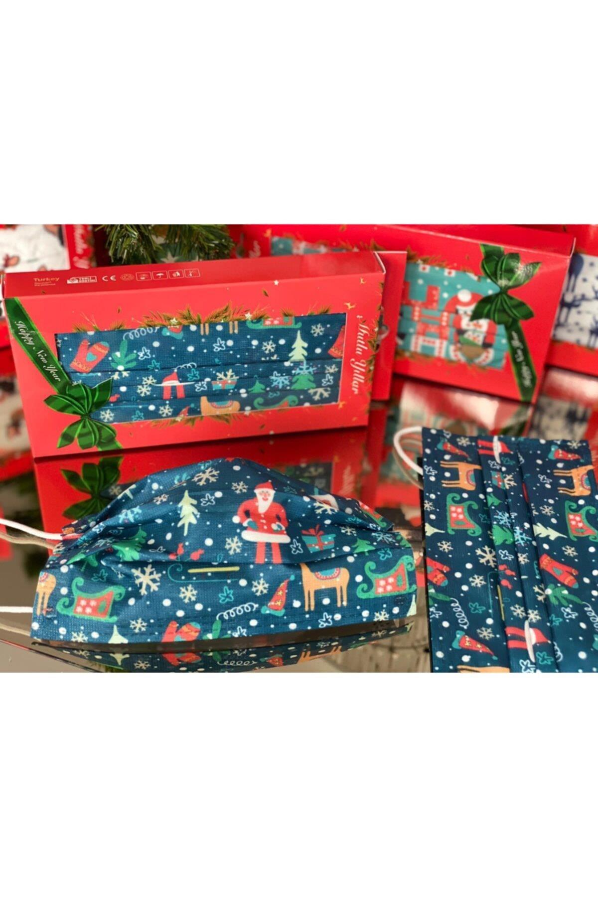 Yeni Yıl Yılbaşı Özel Hediye Kutulu Cerrahi Ten Geyiği Noel Baba Kızak 10lu Maske