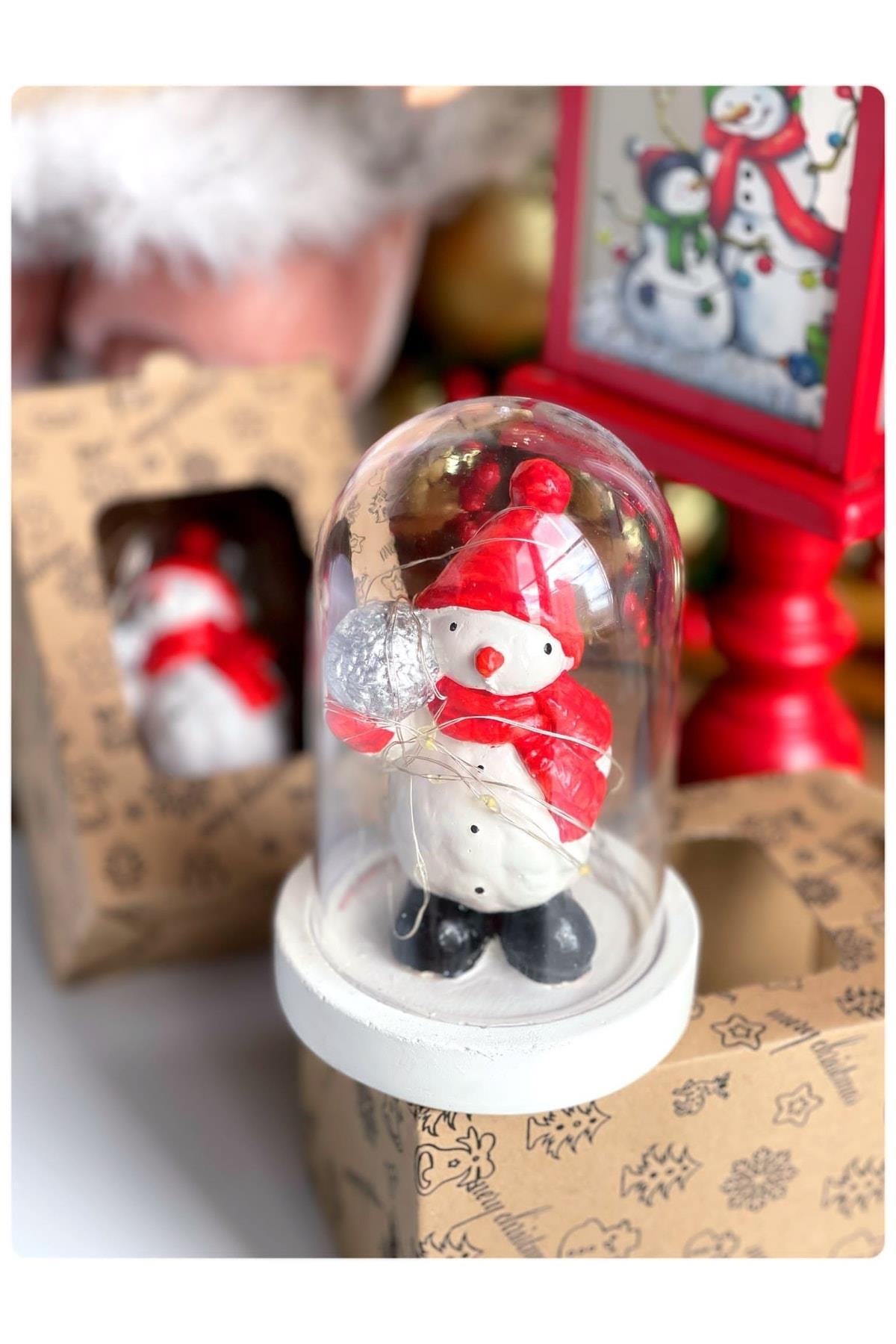Yeni Yıl Yılbaşı Özel Hediye Kutulu Noel Işıklı Küre Fanus Sevimli Kardan Adam Biblo