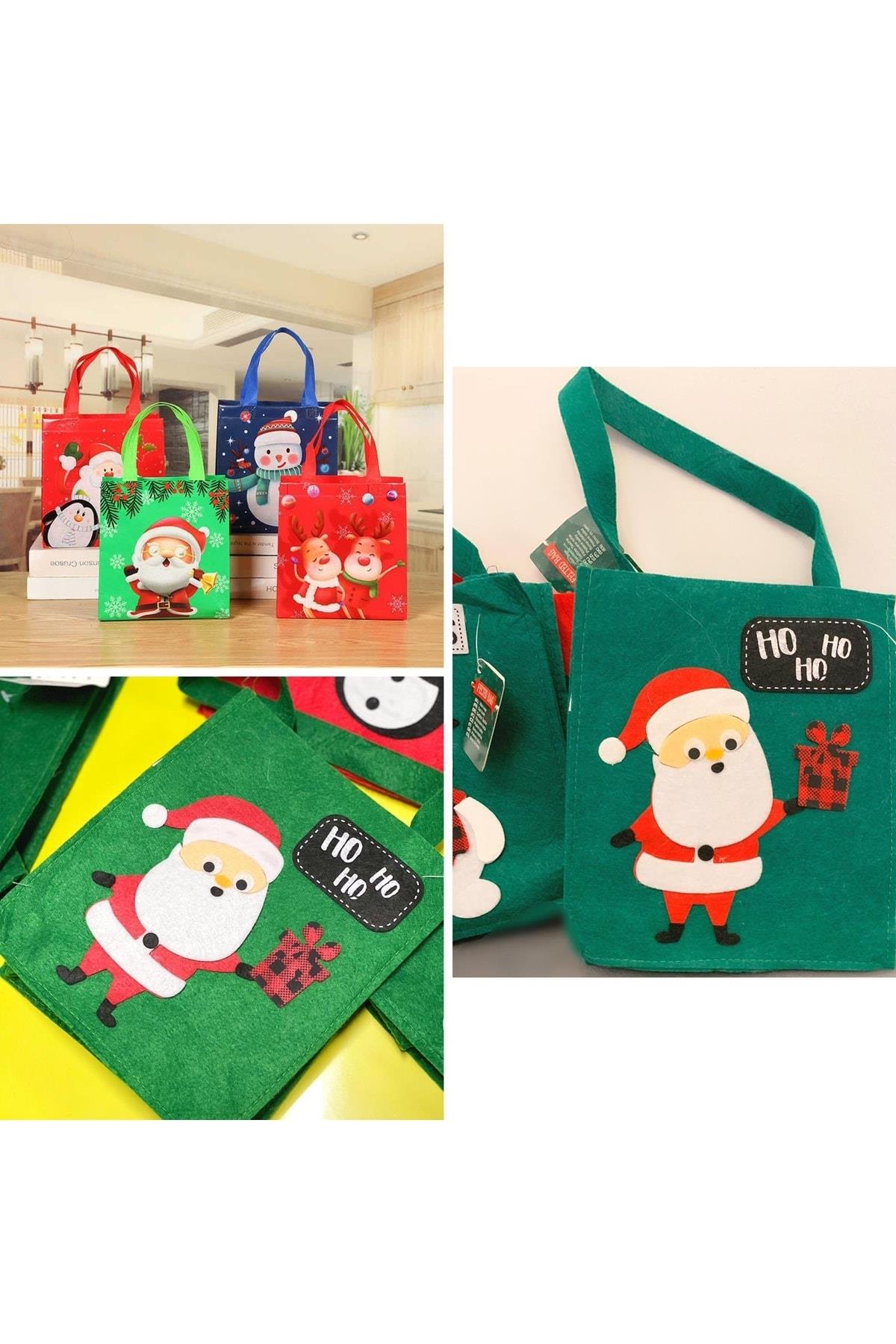 Yeni Yıl Yılbaşı Özel Ithal Sevimli Noel Baba Desenli Saplı Çanta Hediye Çantası 20cm