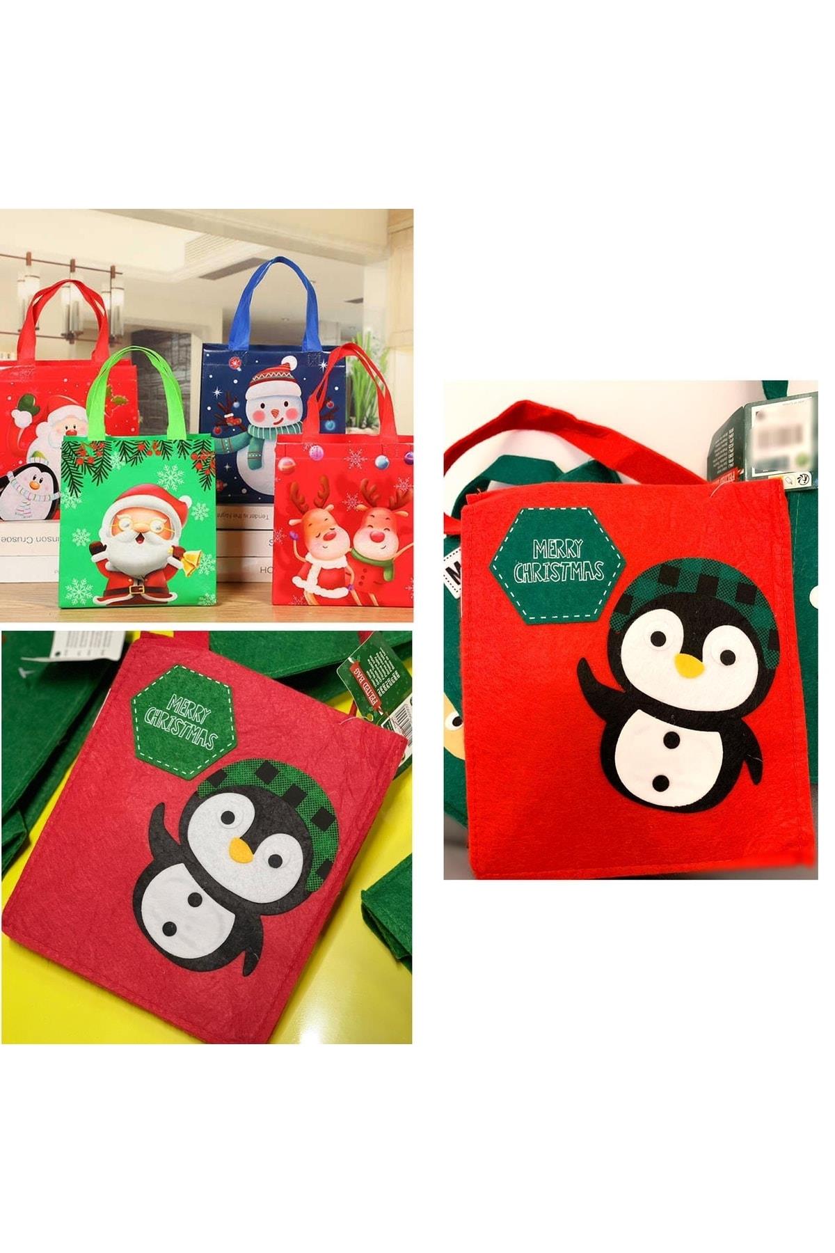 Yeni Yıl Yılbaşı Özel Ithal Sevimli Noel Penguen Desenli Saplı Çanta Hediye Çantası 20cm