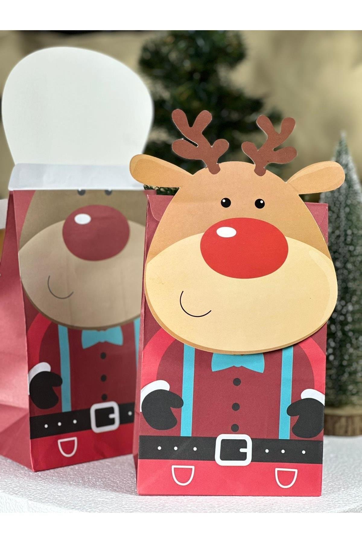 Yeni Yıl Yılbaşı Özel Lüks Hediye Paketi Kurabiye Kutusu Kâğıt Çanta Noel Geyiği Geyik Kapaklı 1ad