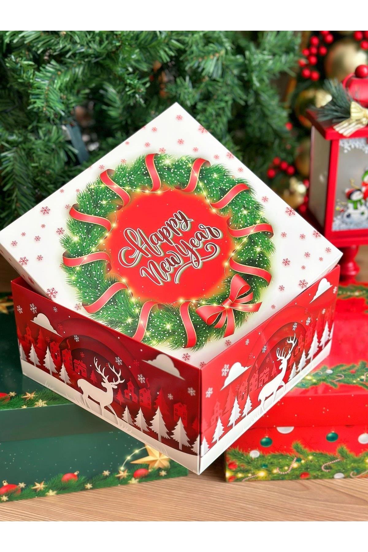 Yeni Yıl Yılbaşı Özel Lüks Kalın Hediye Kutusu Paketi Ambalaj Happy New Year Geyik Desenli