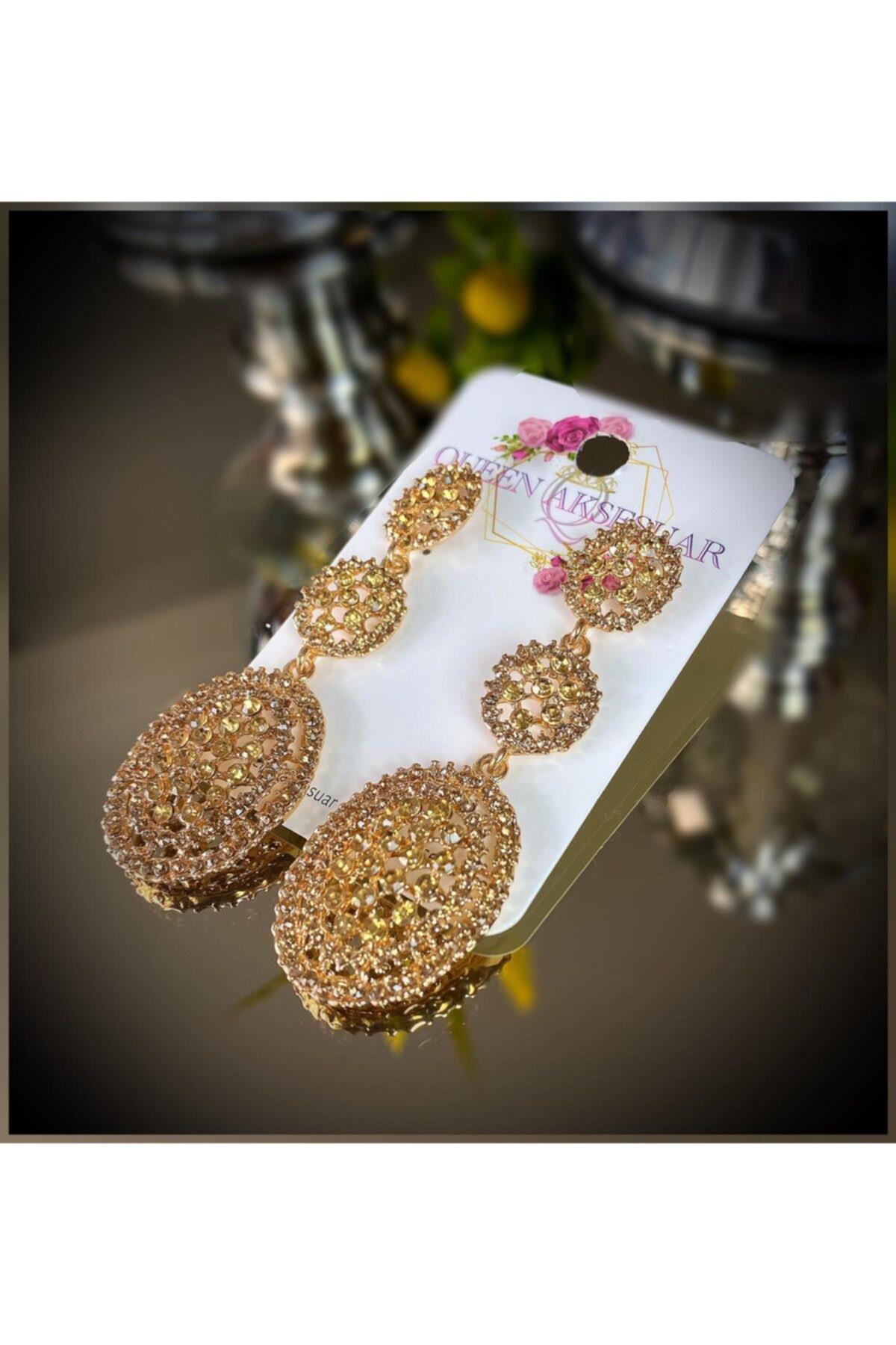 Yeni Yıl Yılbaşı Özel Lüks Osmanlı Motif Komple Kristal Taşlı Büyük Sarkıt Küpe Gold Altın Renk