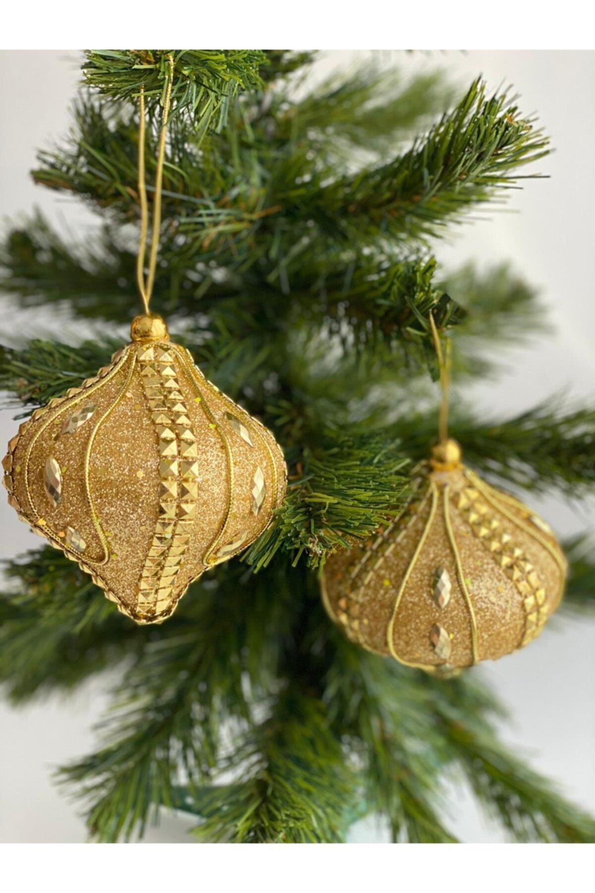 Yeni Yıl Yılbaşı Özel Lüks Otantik Işlemeli Motifli Simli Taşlı Büyük Çam Ağacı Süsü 2 Li Gold Altın