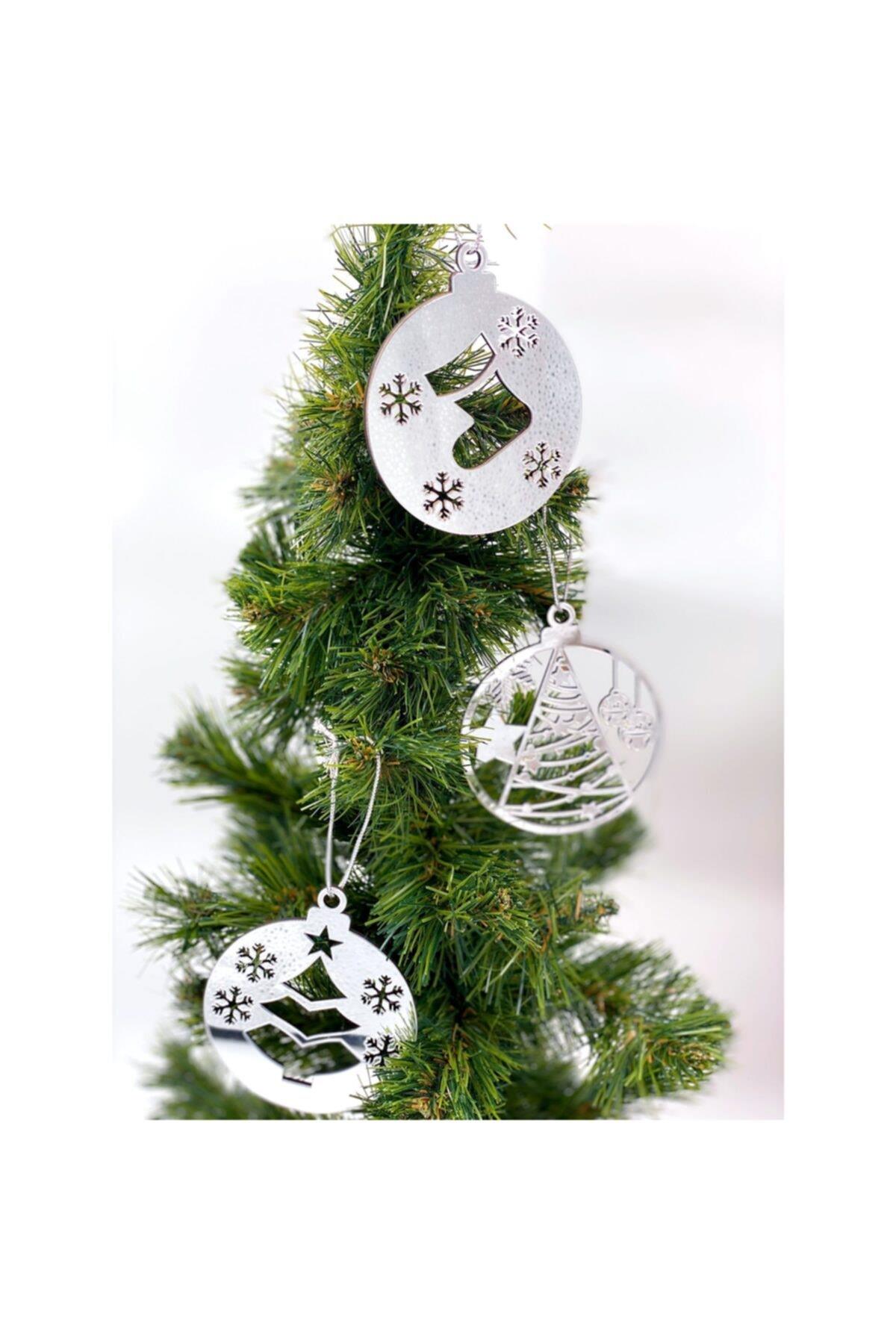 Yılbaşı Christmas Lüks 3lü Aynalı Ahşap Pleksi Büyük Çam Ağacı Dekorasyon Süsü Noel Gümüş