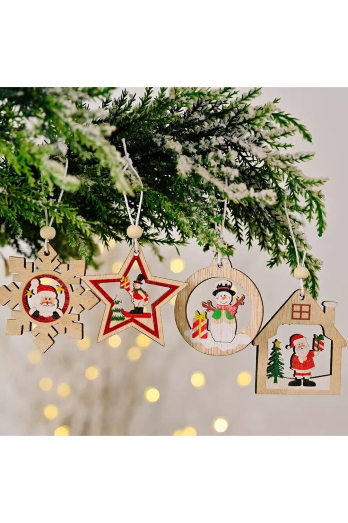Yılbaşı Lüks 12li Çam Ağacı Dekorasyon Süs Hediyelik Ahşap Kutulu Noel Baba Kar Tanesi