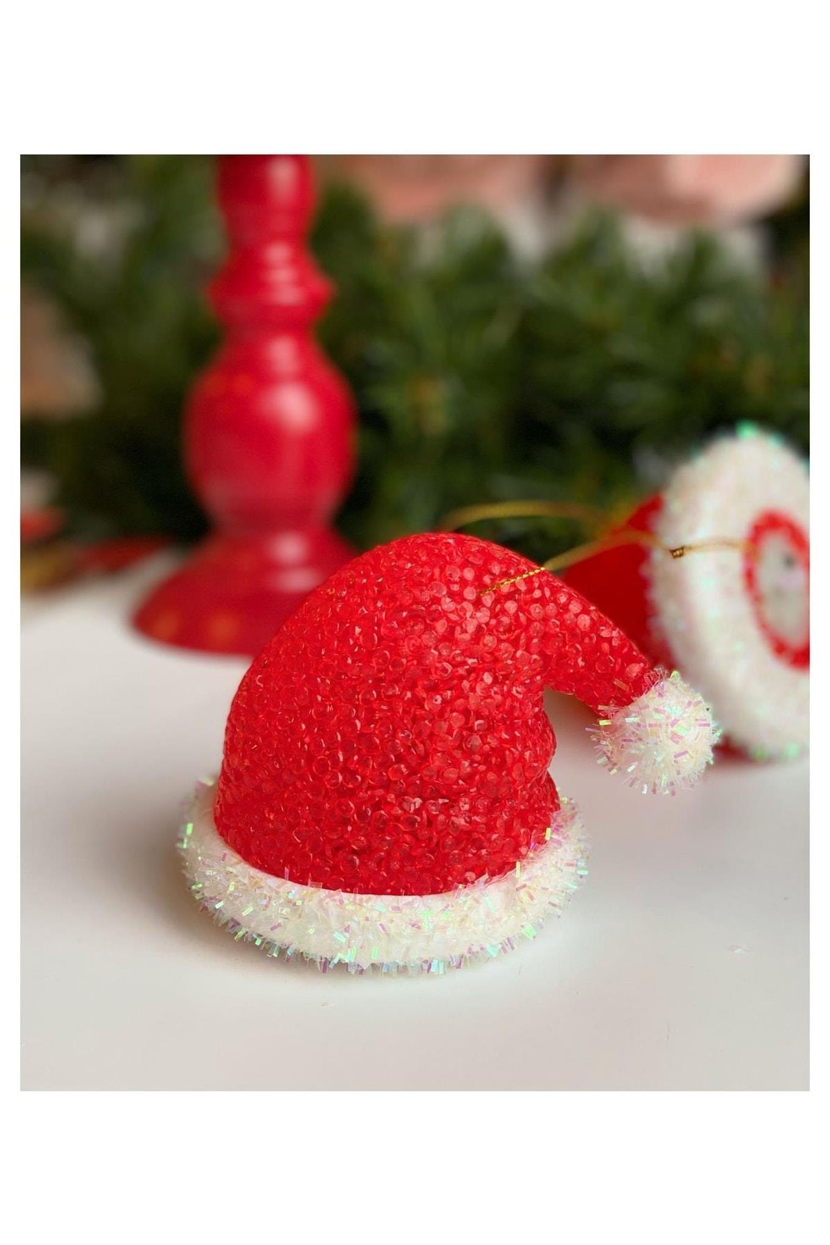 Yılbaşı Lüks Büyük Noel Baba Led Işıklı Simli Şapka Çam Ağacı Dekorasyon Süs Kırmızı