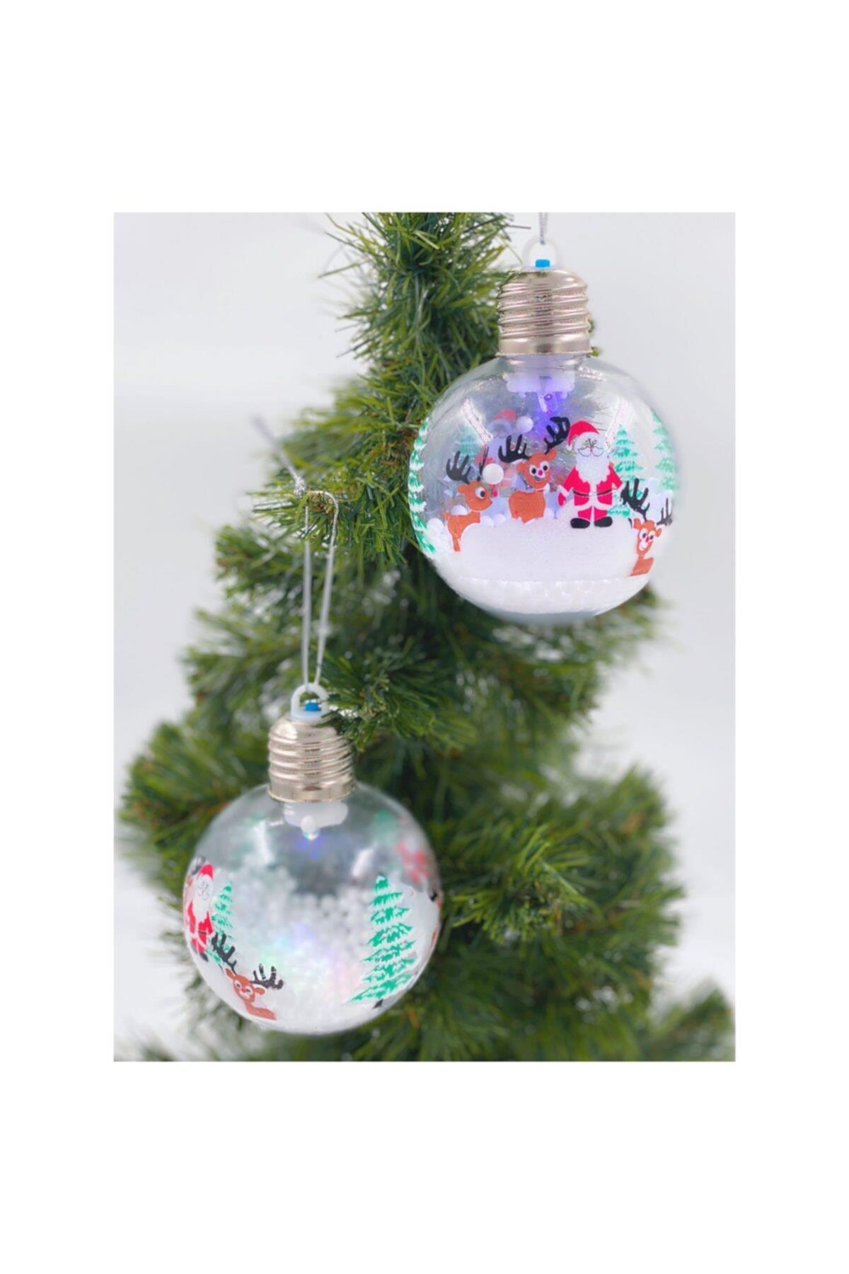Yılbaşı Noel Baba Geyikli Kar Taneli Işıklı Lüks Koleksiyonluk Fanus Çam Ağacı Top Süs Dekor Tekli
